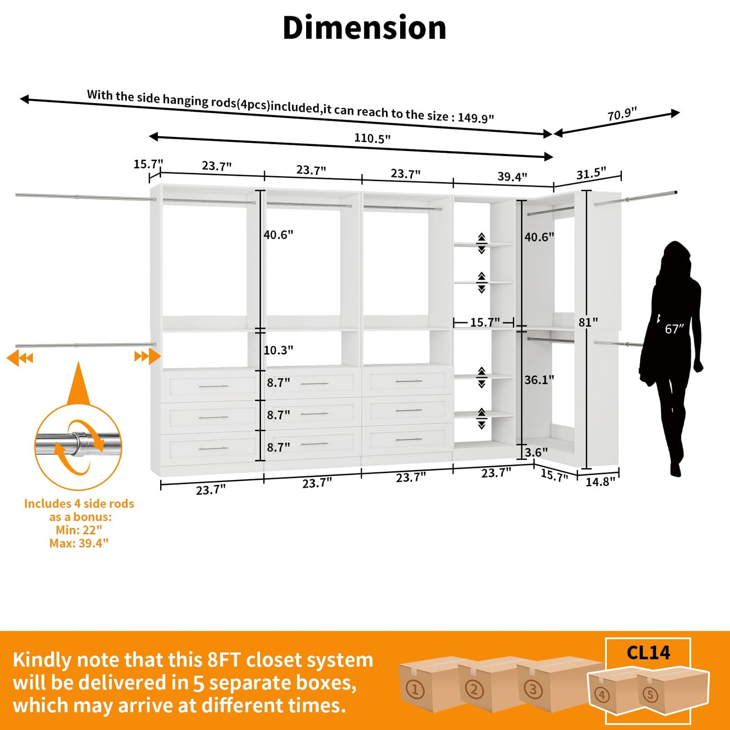Closet System with 9 Drawers, Corner Closet Organizer Systems with 9 Shelves & 9 Hanging Rods L-Shaped Walk in Closet Freestanding Corner Tower Modular Storage System 4 Sets 2800+ Lbs Capacity White