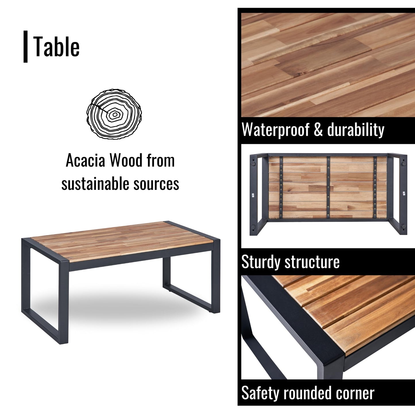KEIKI 4PC Outdoor Patio Wicker Furniture Chat Conversation Set with Acacia Wood Table Top Backyard Porch Balcony