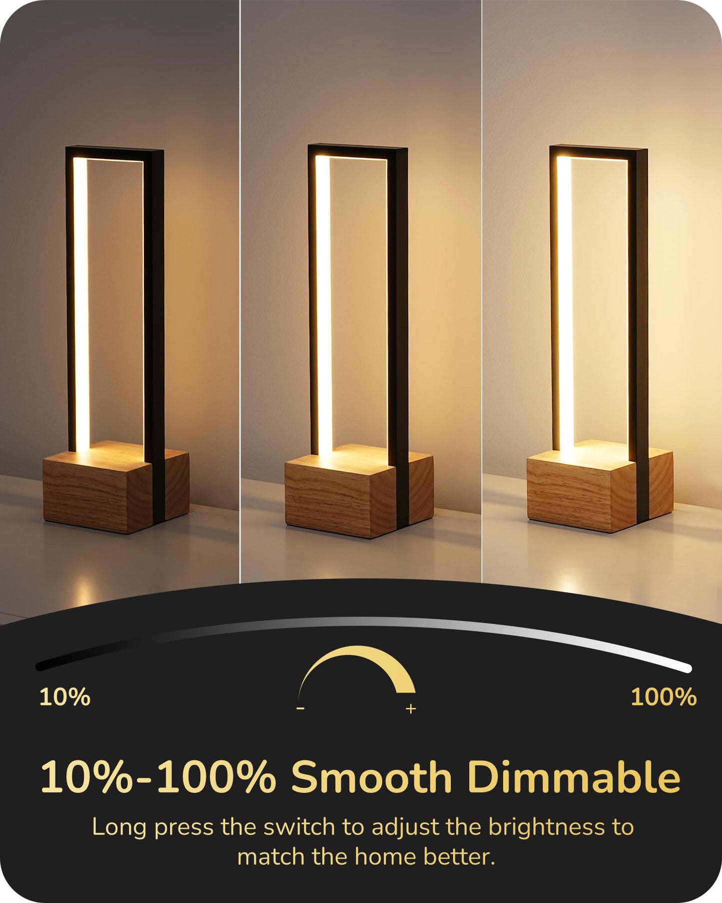 EDISHINE Modern Table Lamp, Dimmable LED, 3 Color Temps, 14.6inx4.7inx4.7in, Black Frame & Solid Wood Base, Model HLTL02