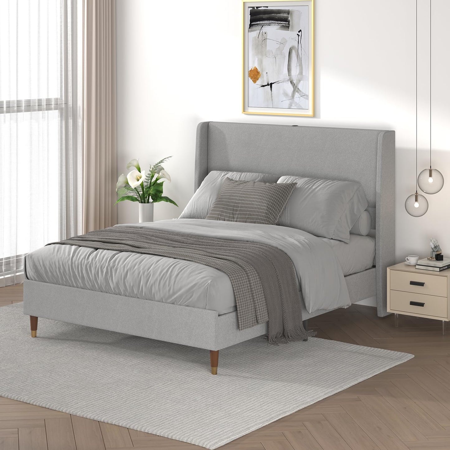MALOL Queen Bed Frame with Upholstered Linen Headboard, Platform Bed with USB Charging Ports, Sturdy Metal Frame, No Box Spring Required, Quiet Noise-Free Modern Bedroom Furniture, Grey