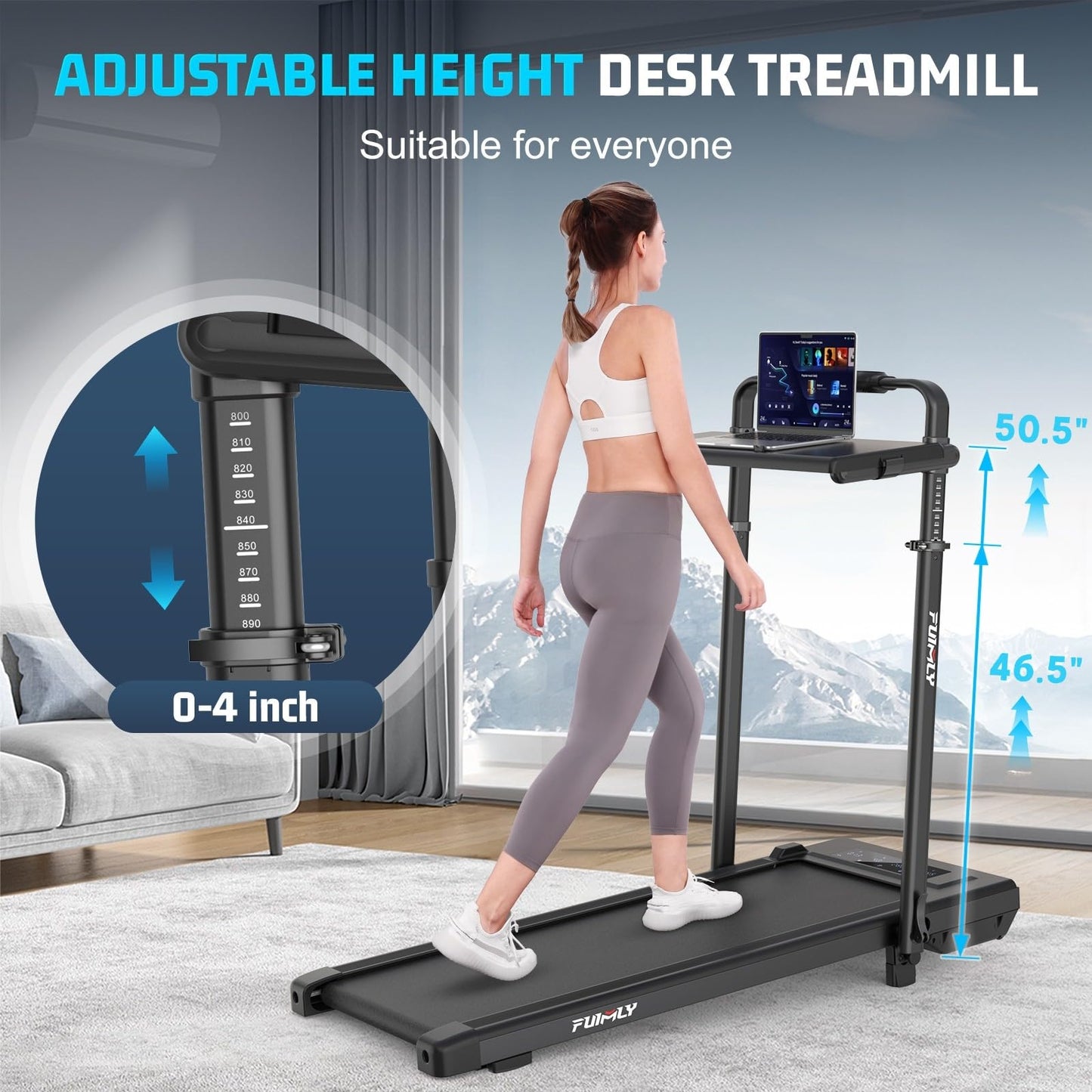Walking Pad Treadmill with Removable Desk Workstation, 15% Incline Treadmill with Handle Bar, Foldable Treadmills Under Desk, Adjustable Height, 400 lbs+ Capacity, Walking or Running for Home Office