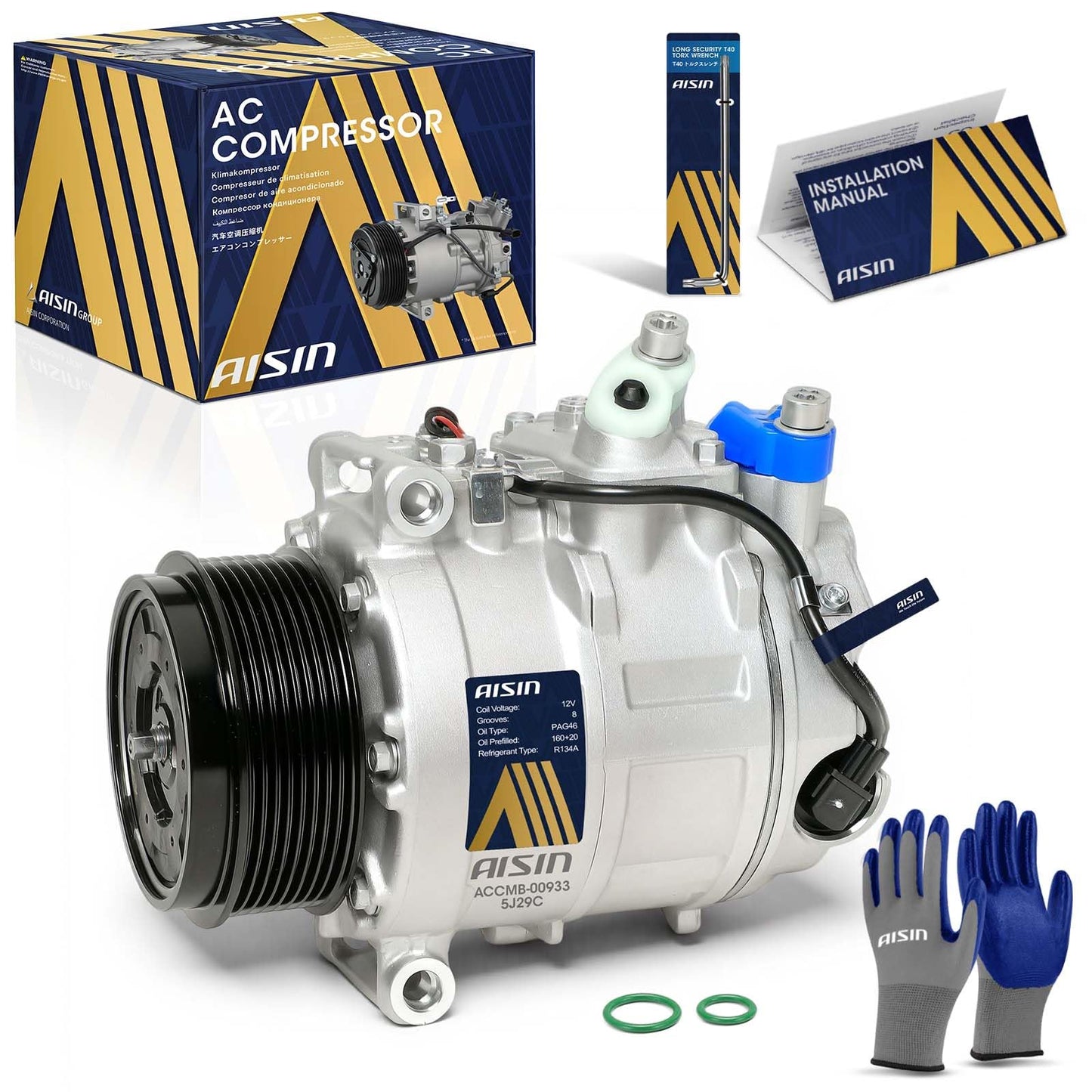 AISIN AFTERMARKET ACCMB-00933 Air Conditioner AC Compressor - Compatible with Mercedes-Benz ML350 2010-2011 3.0L 5.5L, ML320 R320 2007-2009 GL320 2007-2008 3.0L - with 8-Pulley Groove, with Clutch
