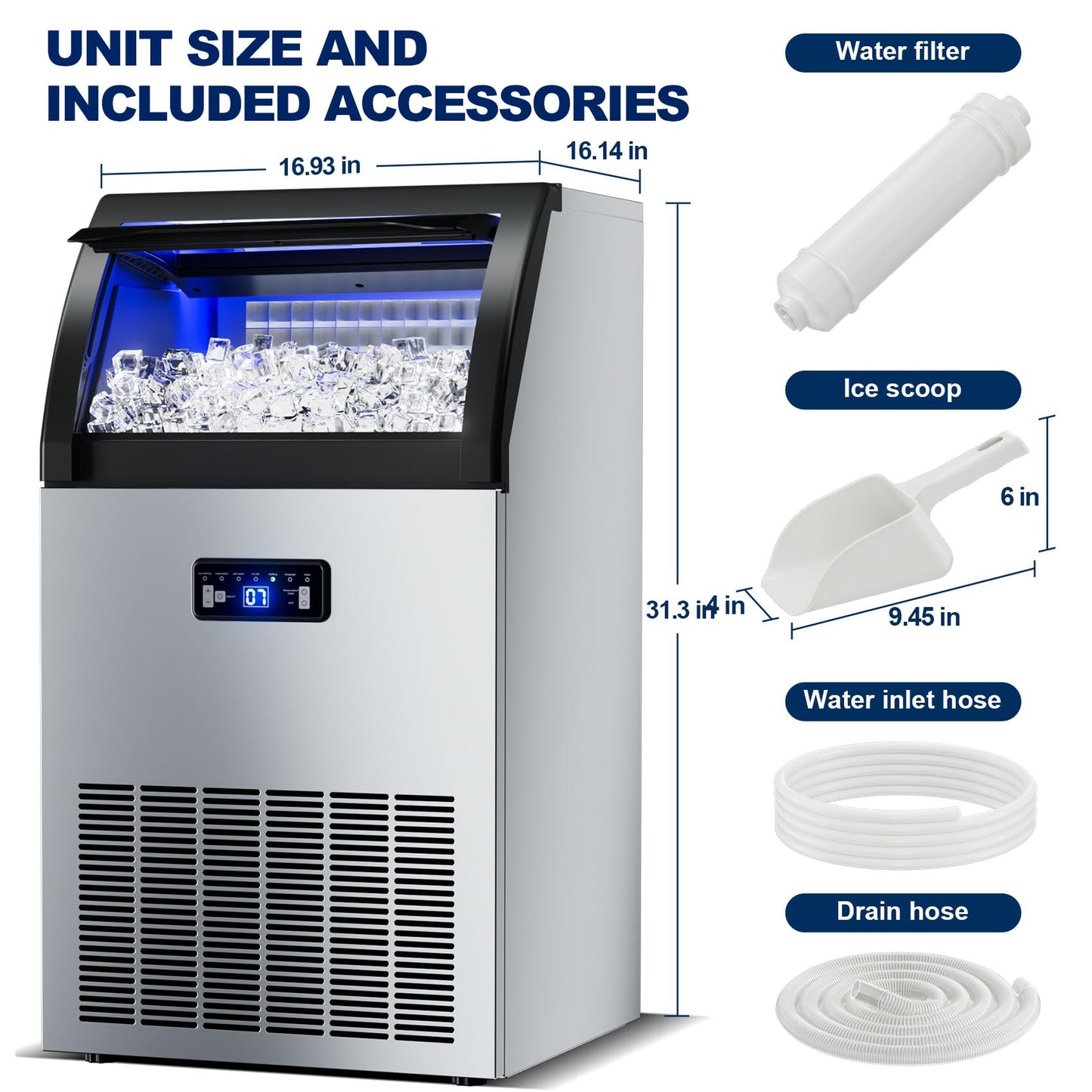 Commercial Ice Maker Machine 133 Lbs/24H Freestanding Stainless Steel Under Counter Ice Maker with 40lbs Ice Storage Capacity Scoop Water Filter Pipes for Restaurant Offices Bars Home (133Lbs/24)