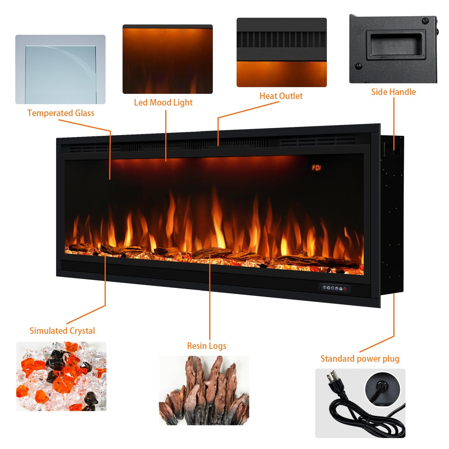 42 inch Smart Electric Fireplace WiFi-Enabled, Recessed &Wall Mounted Fireplace Inserts, Multicolor Flame w/Realistic Log &Crystals, Thermostat& Overheating Protection,Timer, 750W/1500W, Black