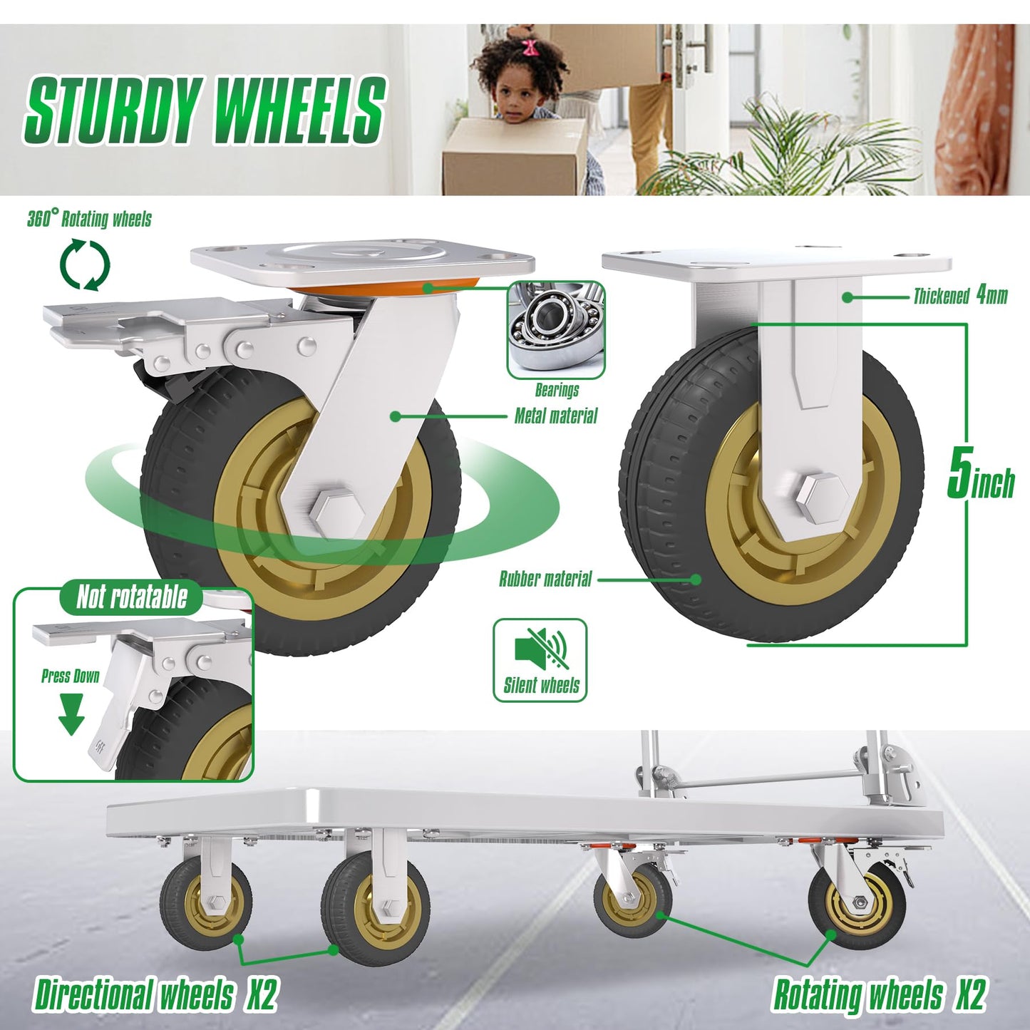 Platform Truck with Brake System 2600lbs Capacity Heavy Duty Push Cart Dolly Foldable Flatbed Cart with 5'' Swivel Wheels Large Steel Platform Dolly Cart for Groceries, Garage, Warehouse (24" x 48")
