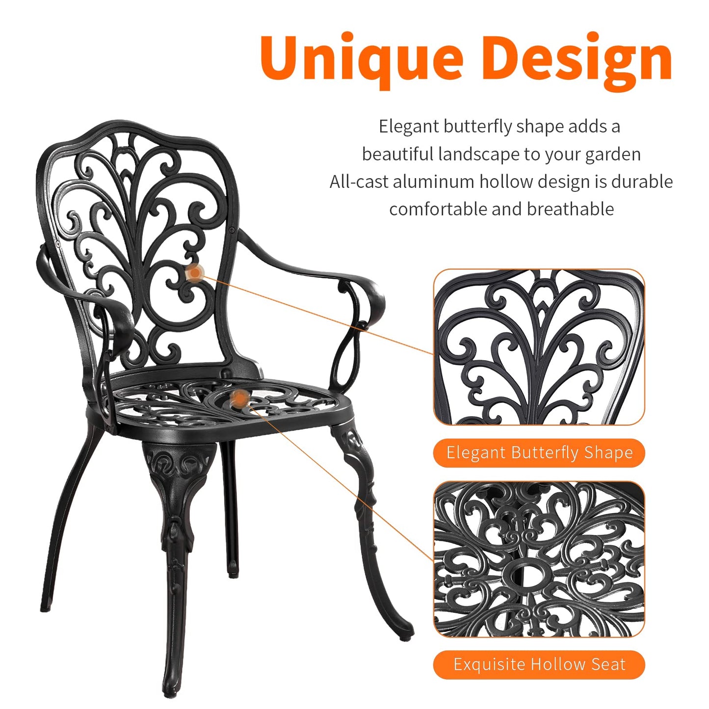 Withniture Bistro Set 3 Piece Outdoor, Bistro Table and Chairs Set of 2, All Weather Patio Bistro Set with Umbrella Hole, Patio Set for Garden, Black