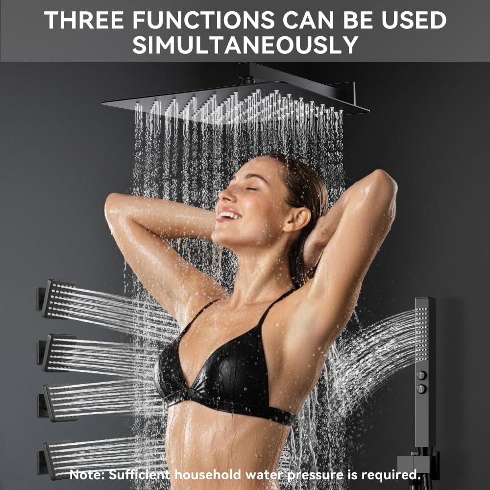 Shower System with Body Jets, STARBATH 12" Rain Shower with 2 in 1 Handheld and 4 Body Jets, Can Use All at Once, Push Button Thermostatic Valve and Trim Kit Complete Shower Faucets Sets, Matte Black