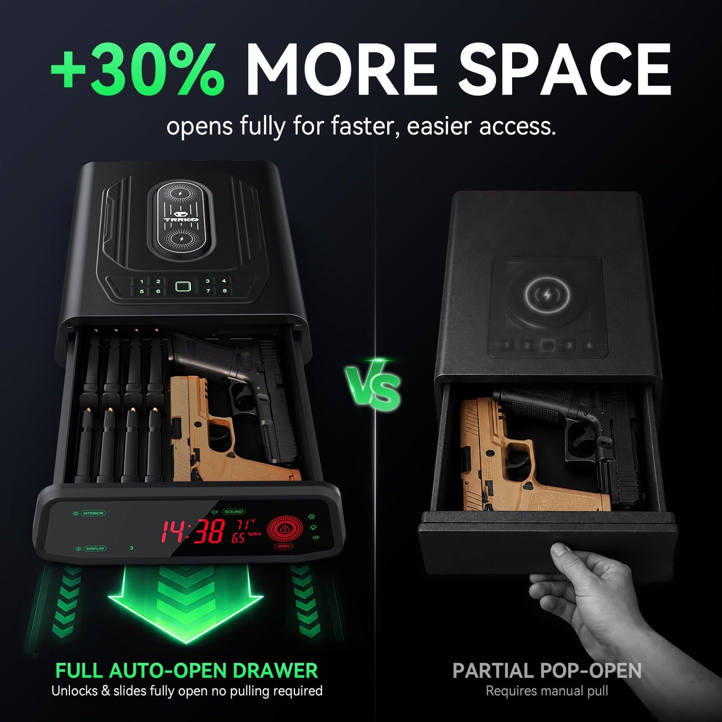 TRRKO Biometric Gun Safe for Handgun, 0.3s Auto-Open,Silent,Wireless Charging, 3-Way Unlock Fingerprint Pistol Safe, Fits 2 Full Size Pistols – Smart Handgun Safe for Nightstand/Bedside/Home/Office