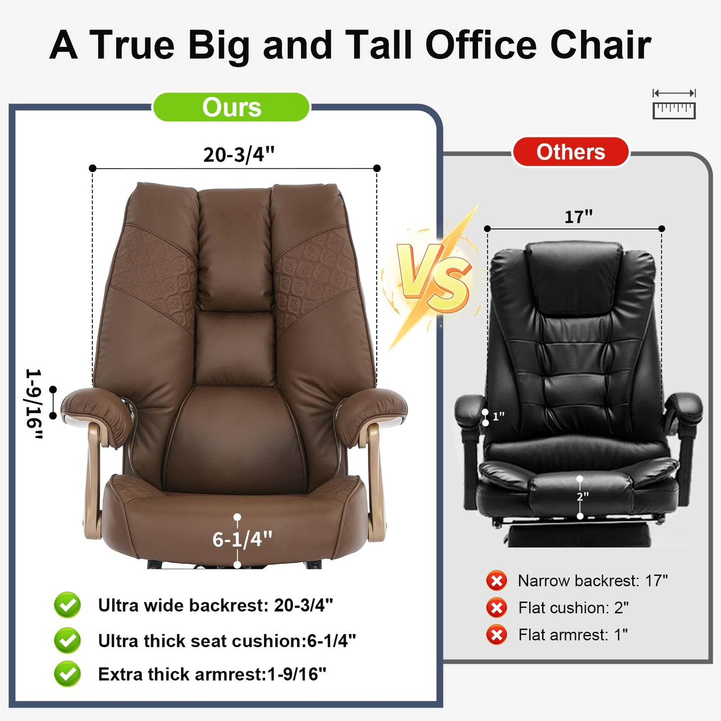 EXCEBET Big and Tall Executive Office Chair with Footrest, 400LBS Capacity Ergonomic High-Back Desk Office Chair with Lumbar Support, Padded Armrests & Thick Cushion, Brown PU Leather Chairs