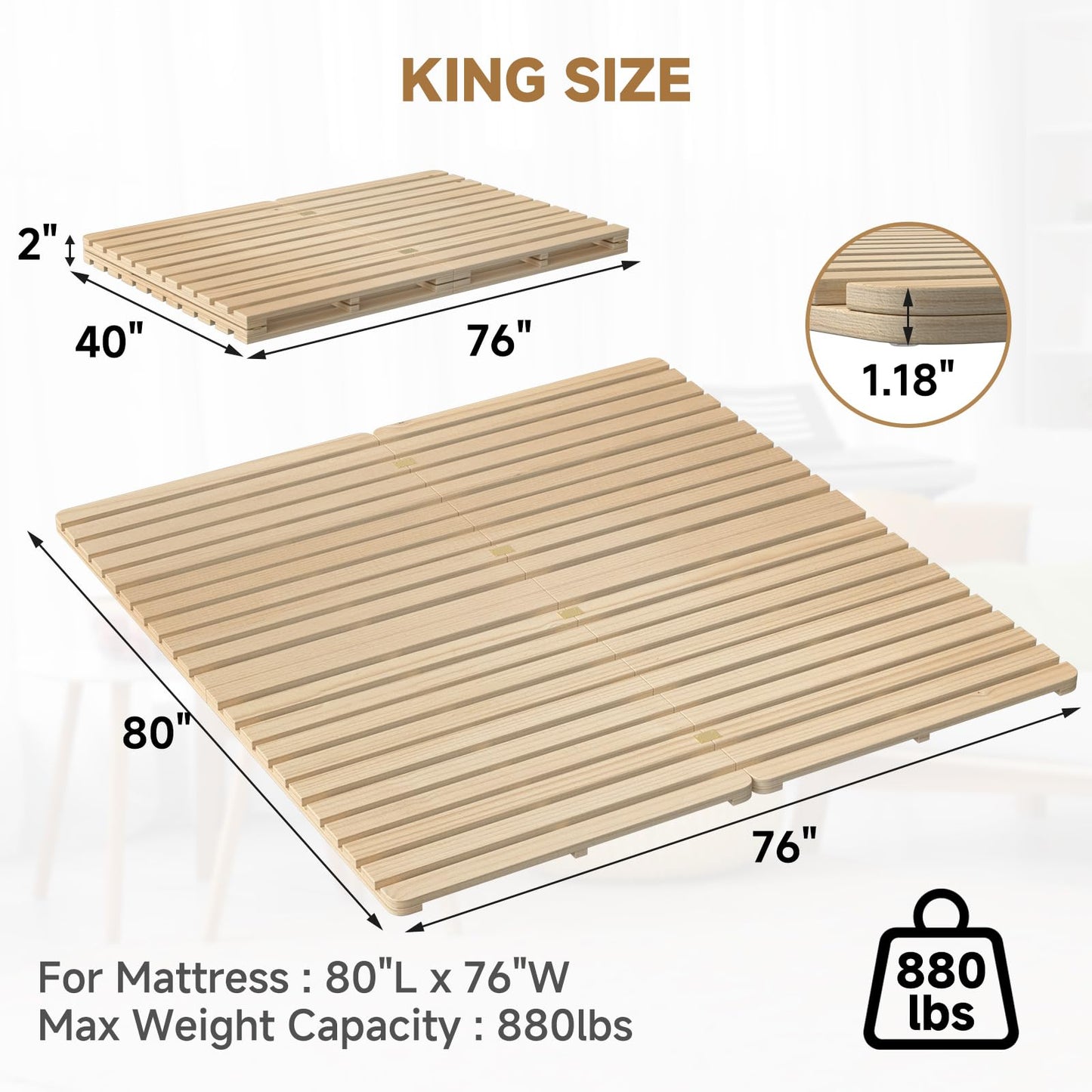 LILYPELLE Floor Bed Frame, Breathable Moisture-Proof Bed Plate, Foldable Tatami Bed Frame, Solid Wood Slatted Floor Bed Frame, Japanese Floor Bed for Floor Sleeping or Futon Mattress, King