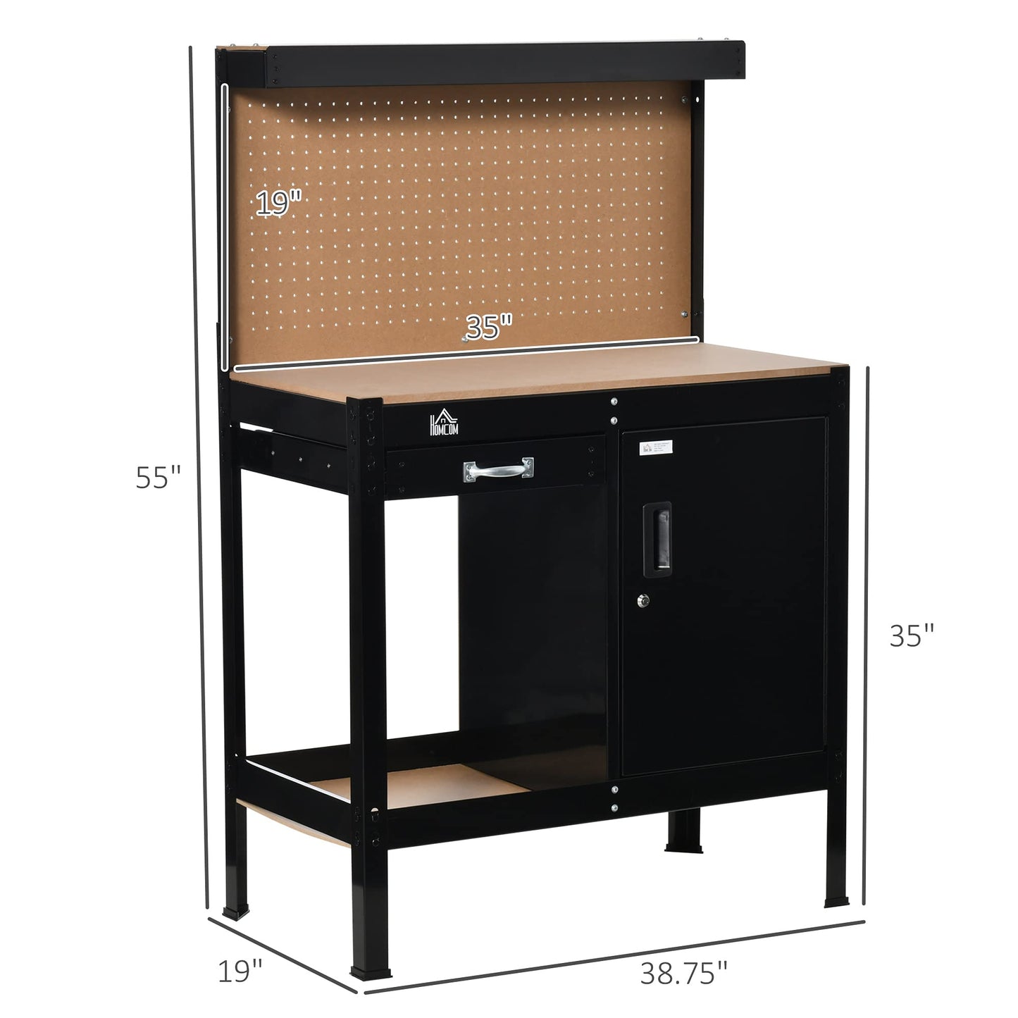 HOMCOM Multipurpose Workbench, Workshop Tool Table with Storage Cabinet with Lock and Keys, Slide Drawer, Peg Board
