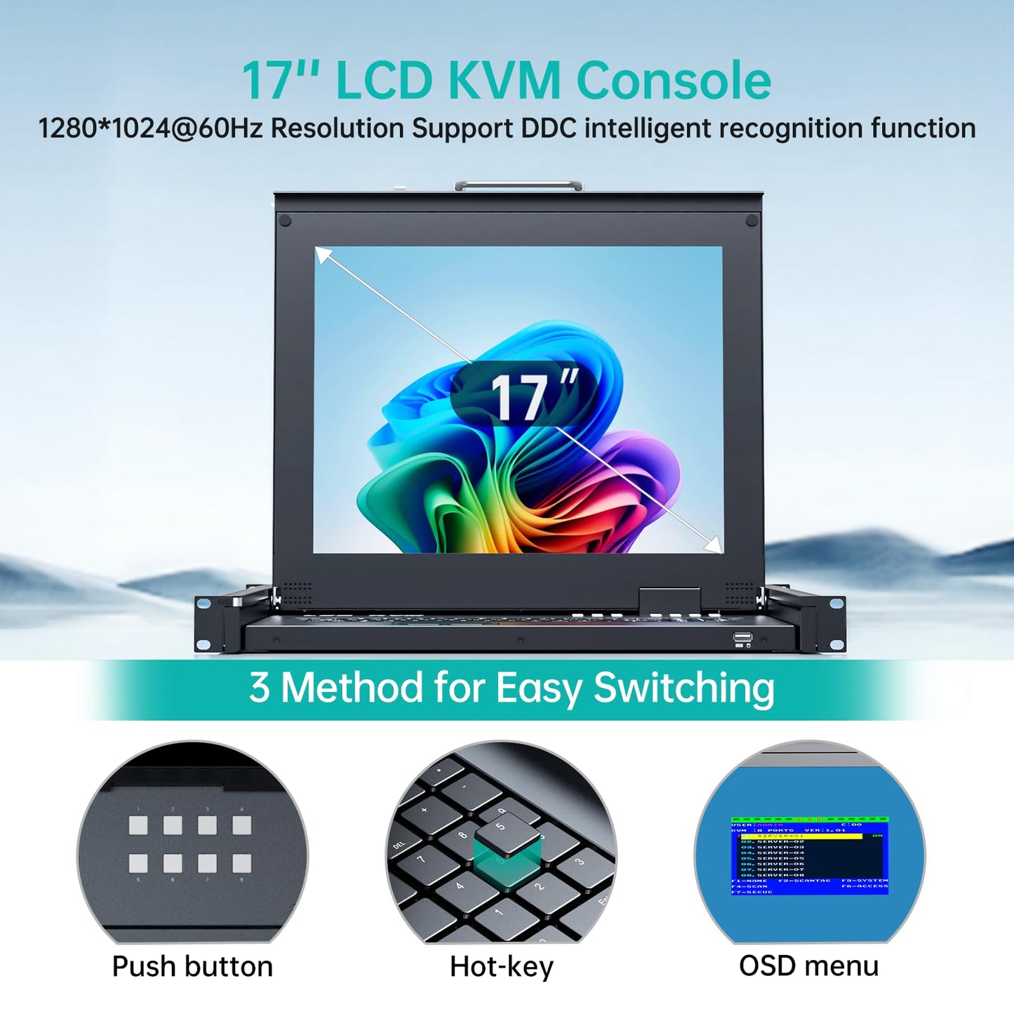MT-Viki 17'' Rack Mount KVM Switch VGA 8 Port, Rackmount Monitor KVM Fit 1U 19'' Rack, 600-800mm(23.6~31.8'') Depth, Integrated with Keyboard+Touch pad+Drawer+8 KVM Cables