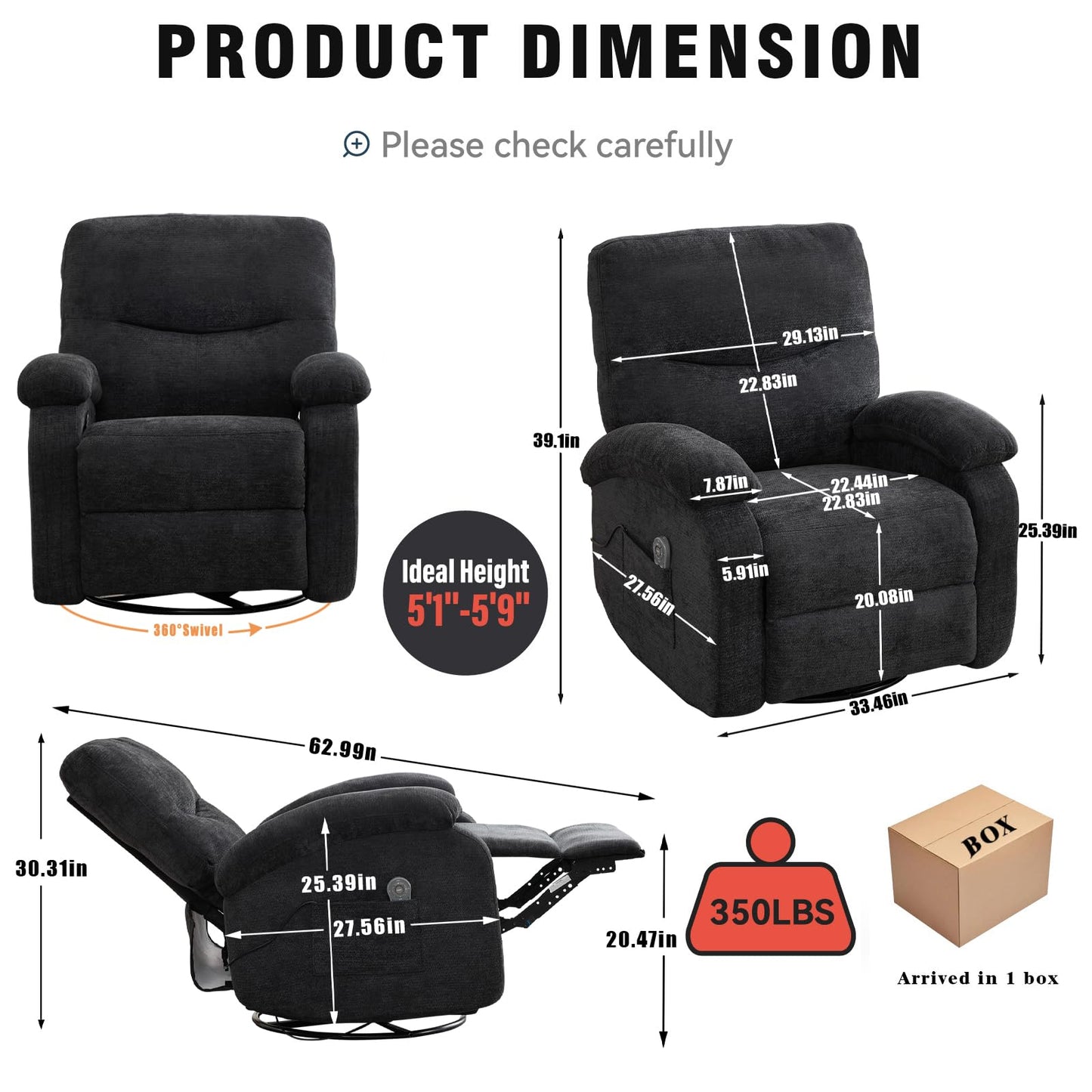 KEIKI Manual Hot Massage Recliner Chair with 360° Swivel and Rocking, 8-Point Vibration Massage & Lumbar Heat, Chenille Elderly Lazy Boy Sofa with Cup Holder for Living Room, Black