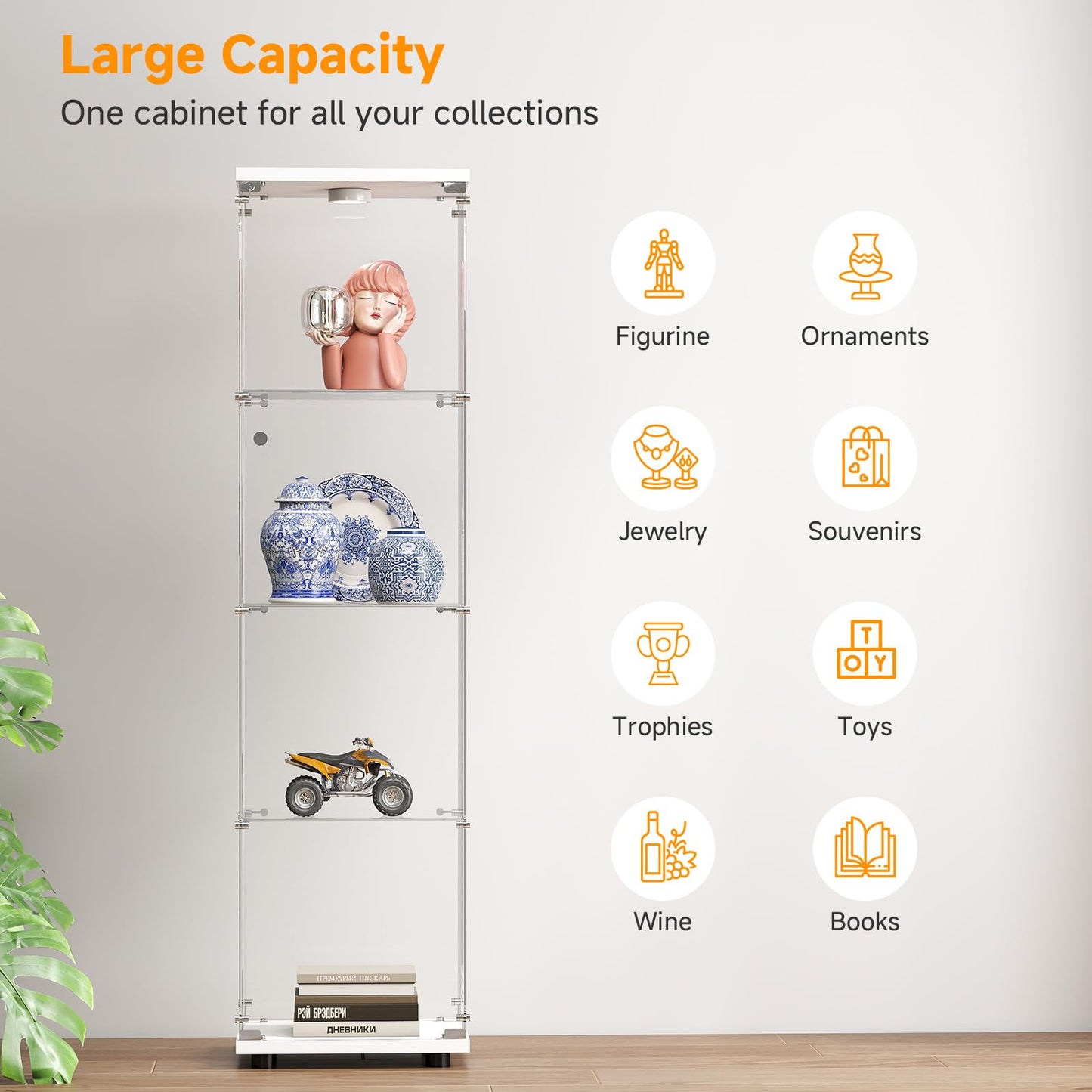 Zevemomo Tempered Glass Display Cabinet with Lights, 4-Tier Curio Cabinet with Glass Doors and Lock, Glass Display Case for Collectibles, for Living Room, Office, Bedroom, Single Door, White