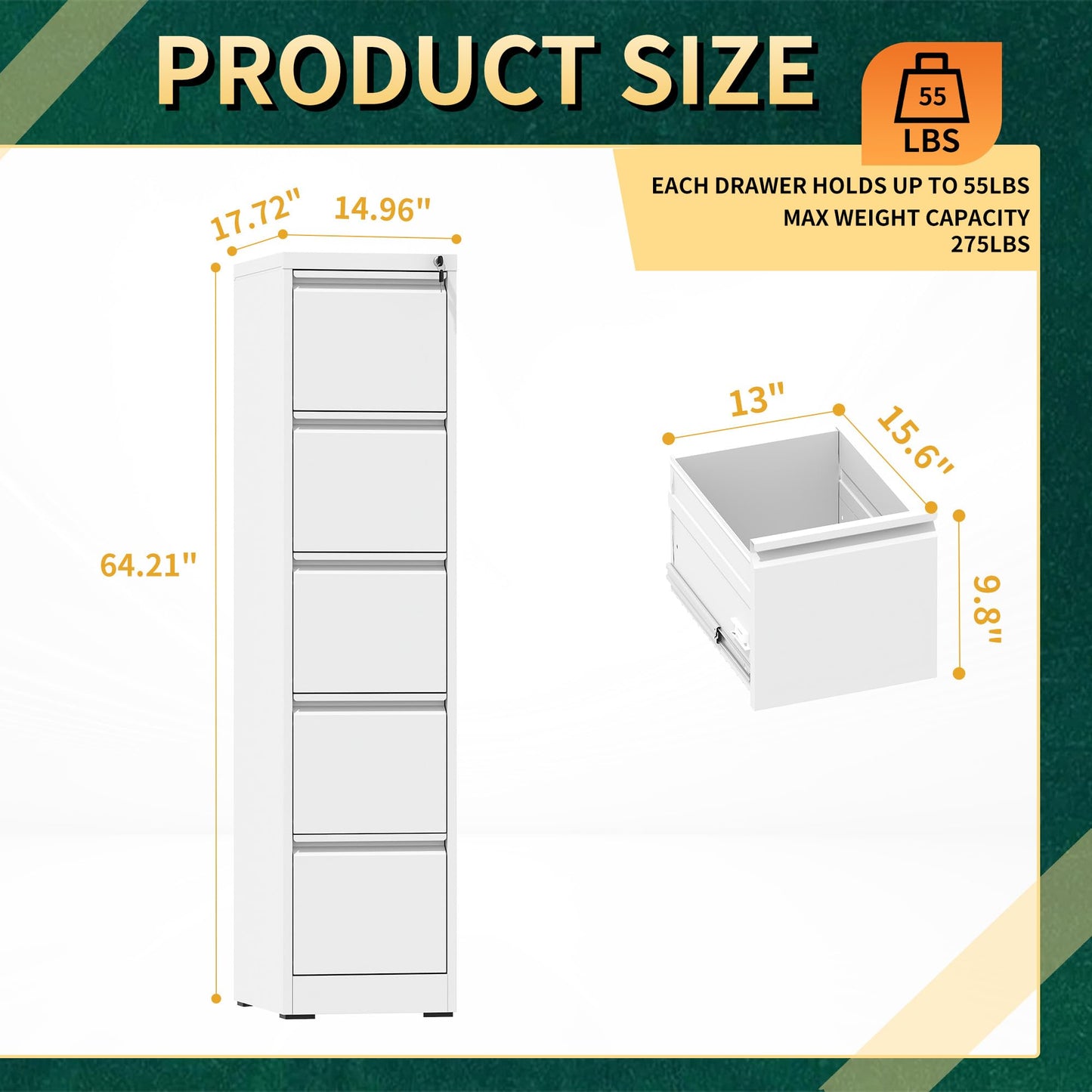 FOSTOKO 5 Drawer File Cabinet with Lock, Steel Vertical Filing Storage Cabinet for Home Office, Heavy-Duty File Cabinets for Letters/Legal/A4 (Require Assembly, White)