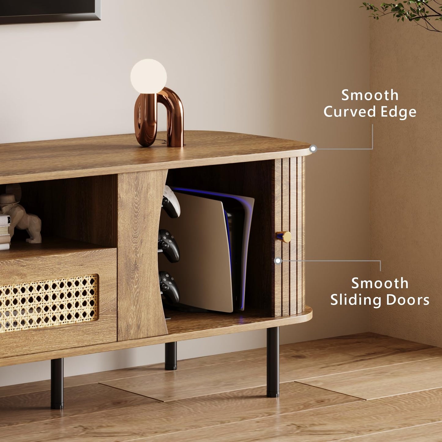 basenji Fully Assembled 71" Mid Century Modern TV Stand with Power Outlet and Sliding Doors, Rattan Entertainment Center with Storage, Wood Media Console,TV Consoles for Living Room,Walnut
