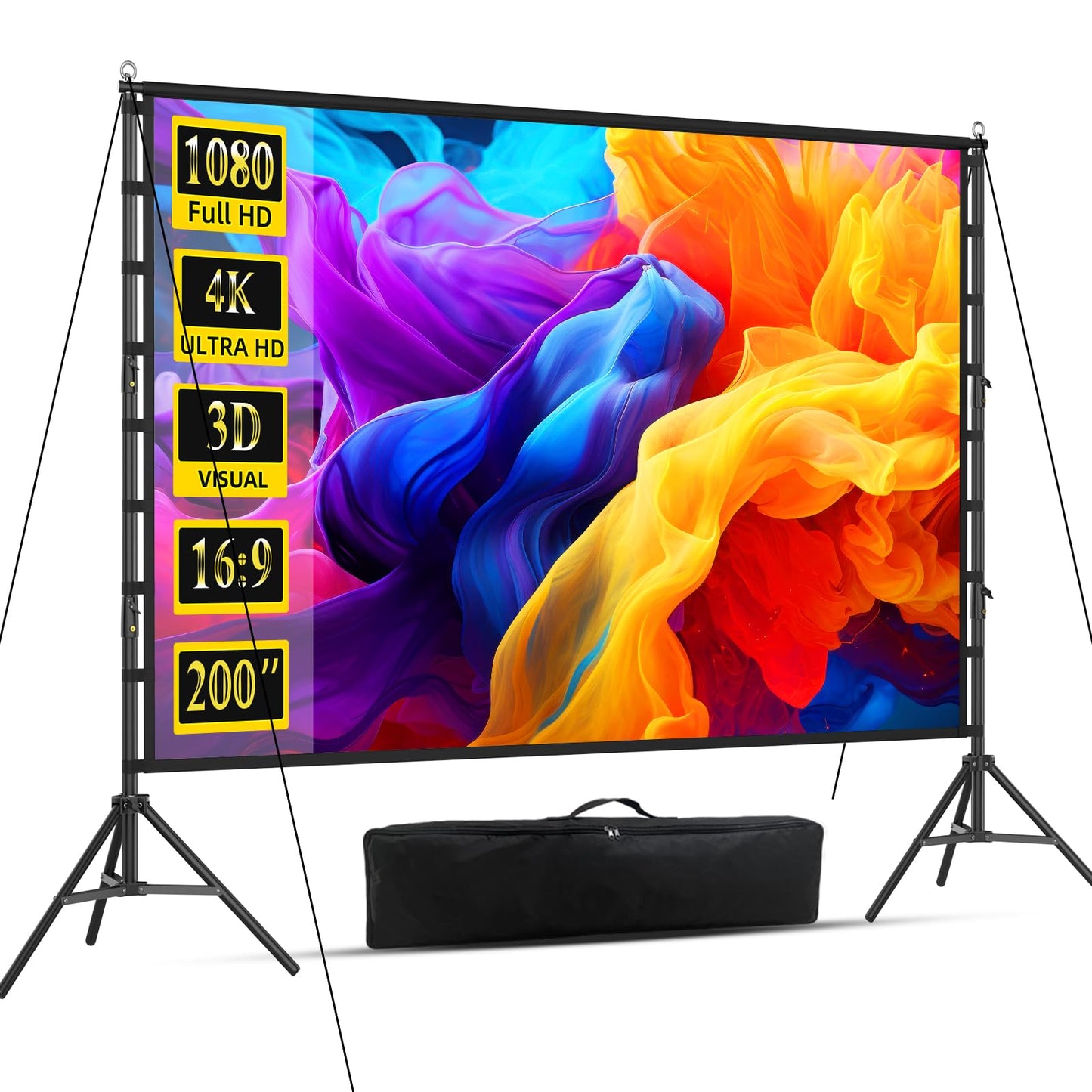 Outdoor Projector Screen with Stand, 200 inch Indoor Movie Screen 16:9 4K Rear Front Portable Projection Screen, Quick Setup Foldable Travel Home Theater Screen with Carry Bag for Backyard Camping