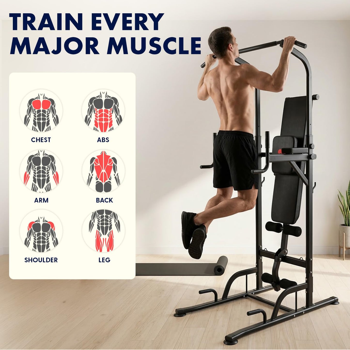SQUATZ Pull-Up Dip Station - Your All-in-One Power Tower Gym and Chin-Up Bar Stand with Collapsible Bench for Home Exercise and Bench Press