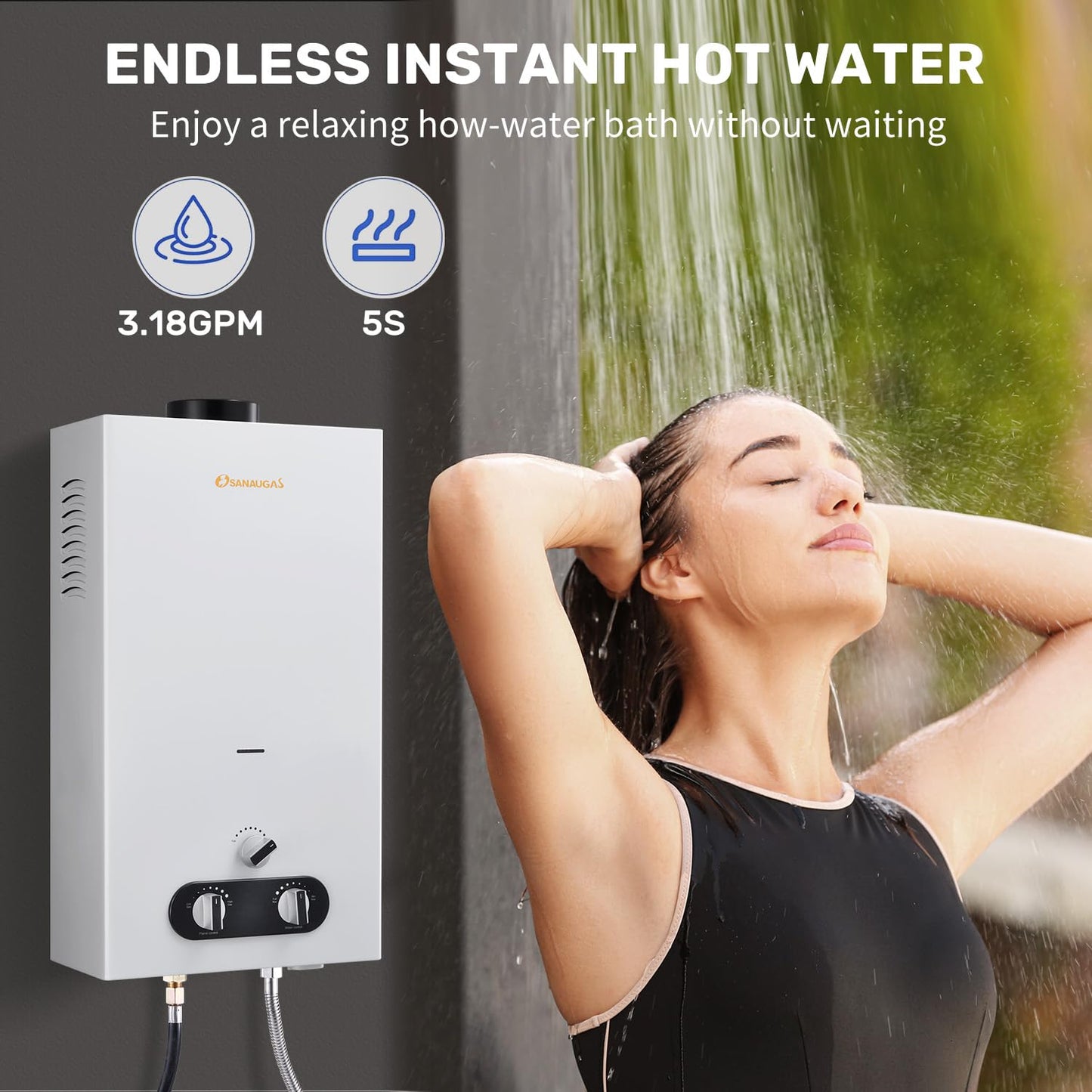 Tankless Water Heater Propane, 3.18GPM 12L Portable Instant Hot Water Heater, Outdoor Use for RV camping, Camper Van, Camping Trailer, Cabin, Barn, Pool, White
