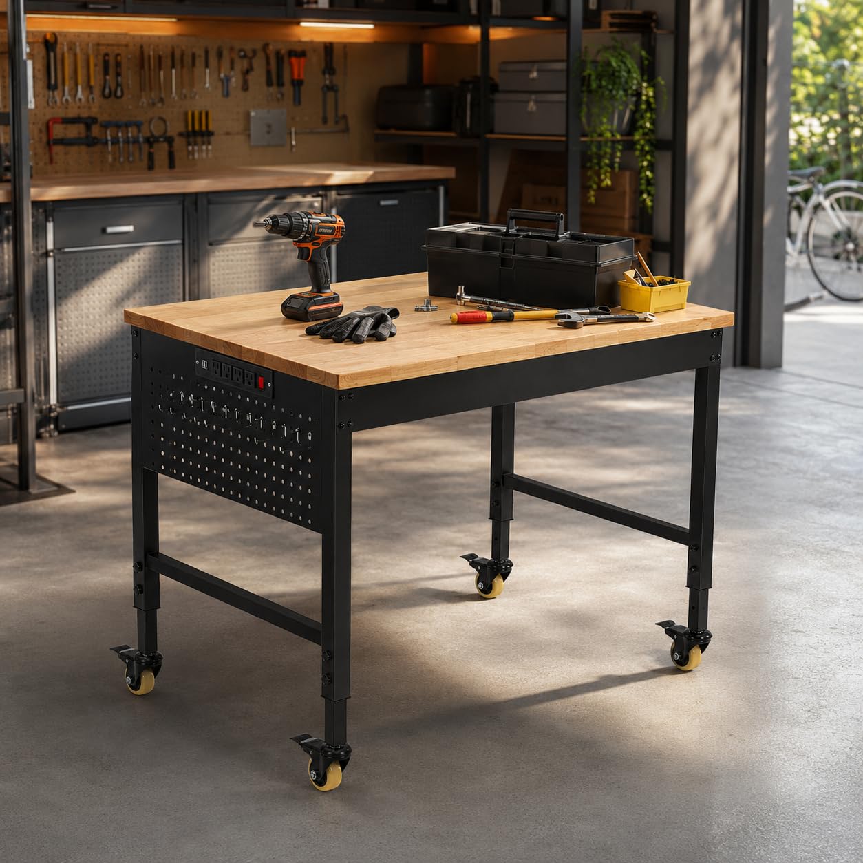60"x22"x1.2" Heavy Duty Adjustable Workbench with Rubber Wood Top, 9 ft Power Strip, 2000 LBS Load Capacity, Lockable Wheels, ETL Certified, Black Garage & Office Table