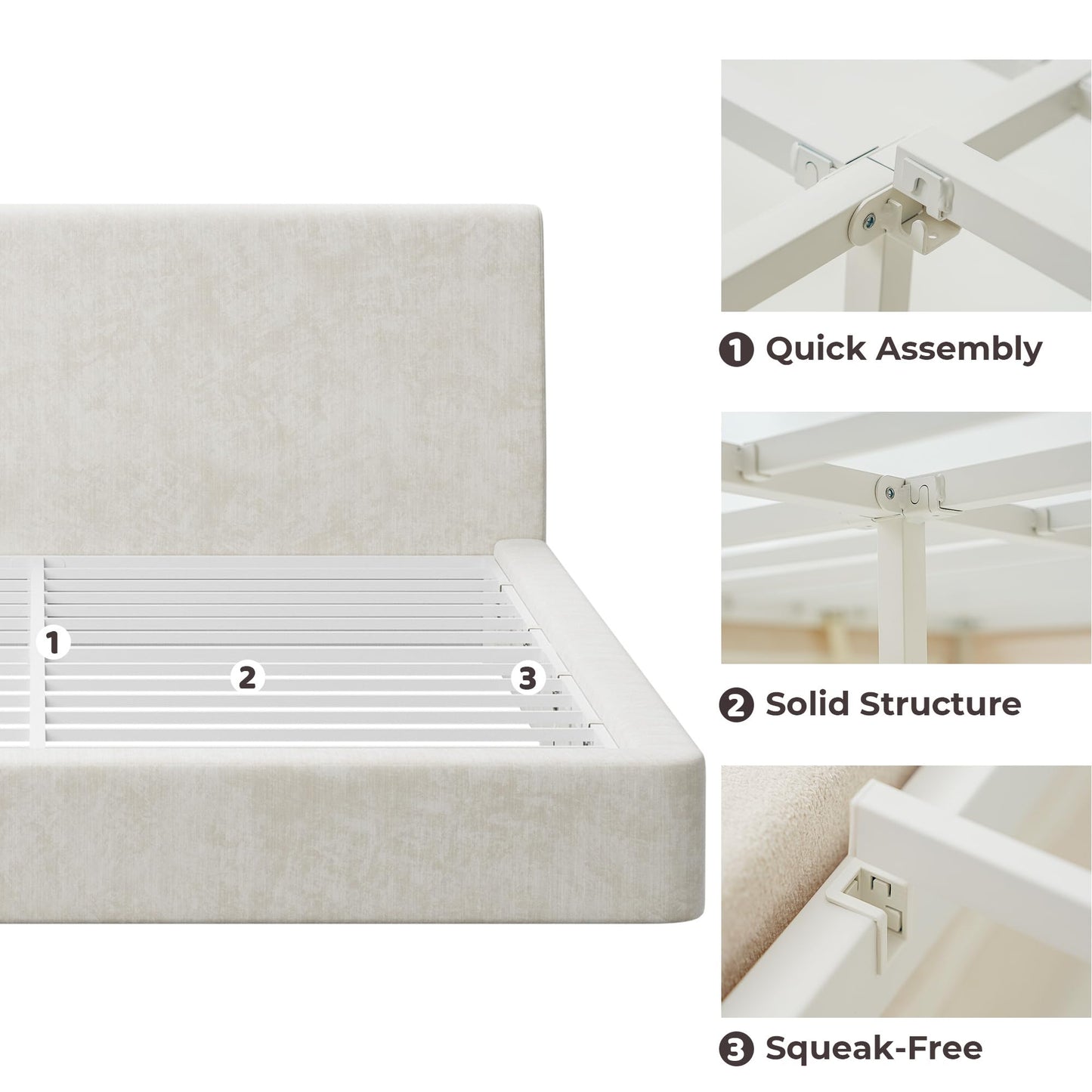 RECCI AirFrame Queen Bed Frame with Ergonomic Angled Headboard, 360° Cushioned Platform Bed Frame, Low Profile Minimalist Soft-Frame Bed, No Box Spring Needed, Easy Assembly, Beige Chenille