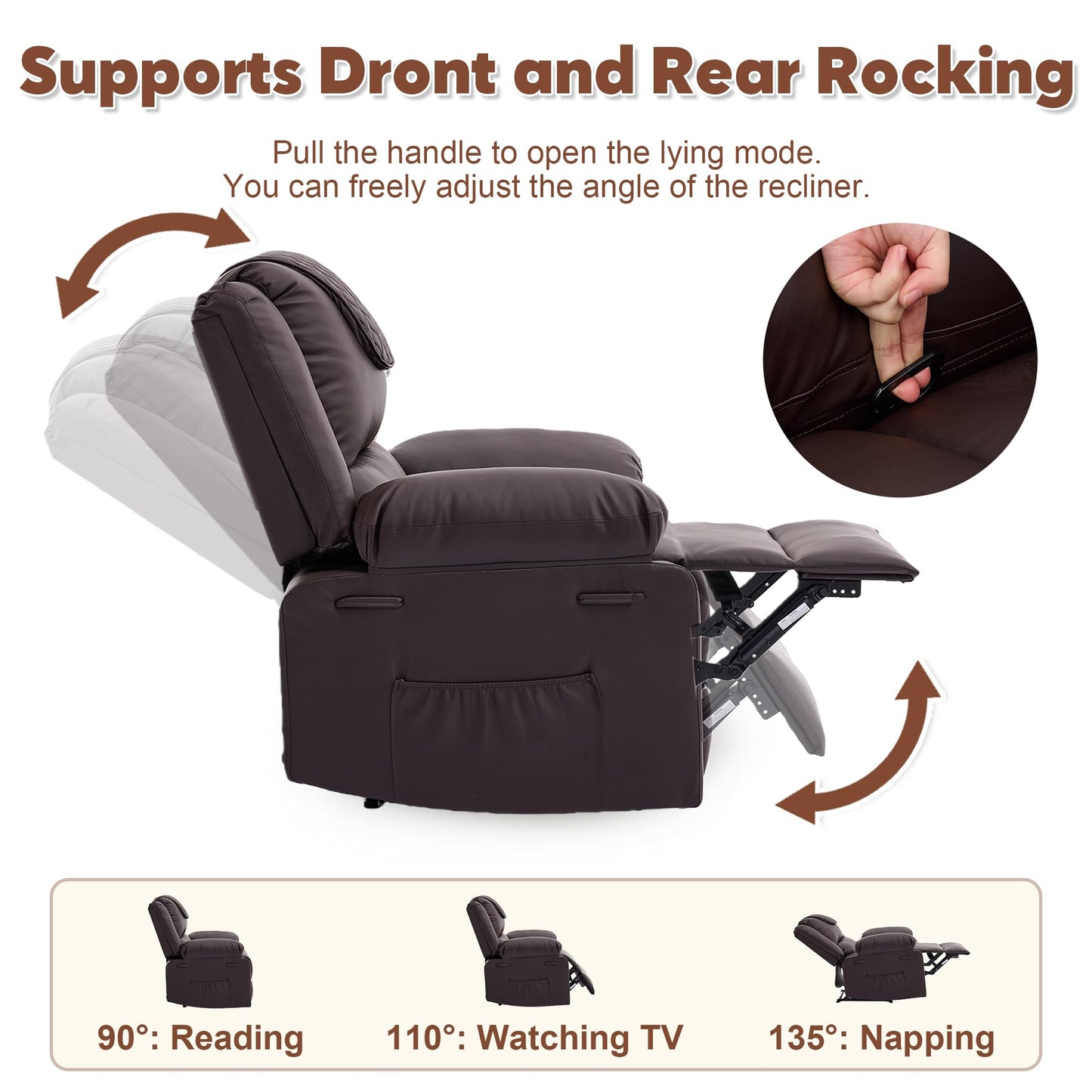 Adult Manual Recliner with Heating and Massage Functions (135° Front and Rear Adjustment) - Equipped with Side Storage Pockets and Remote Control, Suitable for Living Room and Bedroom(Coffee)