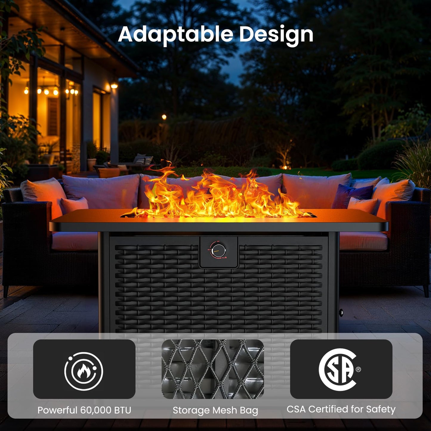 Ciays 43-Inch Rectangular Propane Fire Pit with 60,000 BTU Output, Gas with Cover & Rocks, Table CSA-Certified 2 in 1Table Gatherings Parties with 304 Stainless Steel H-Burner