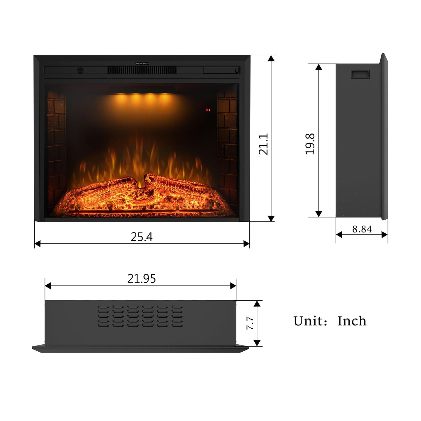 Benrocks 25'' Electric Fireplace Inserts, Recessed & Built in Wall Electric Fireplace Heater with Fire Crackling Sound, Adjustable Top Light & Flame Speed, Overheating Protection, 750/1500W Black