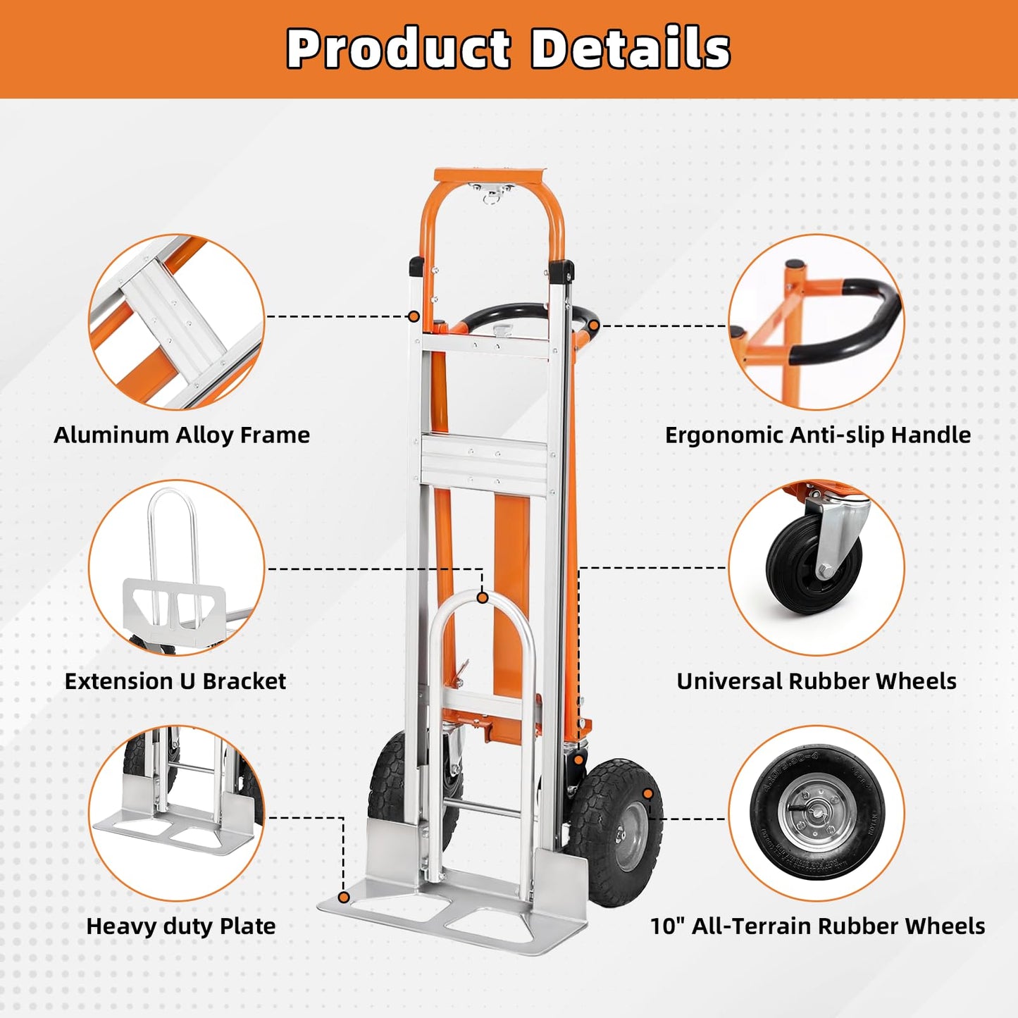 Aluminum 4 in 1 Convertible Hand Truck Dolly, 1000Lbs Capacity, Heavy Duty Folding Hand Truck Dolly Cart with Wheels 10" All-Terrain Tires, Hand Trucks for Logistics, Moving Home, Shopping, Office