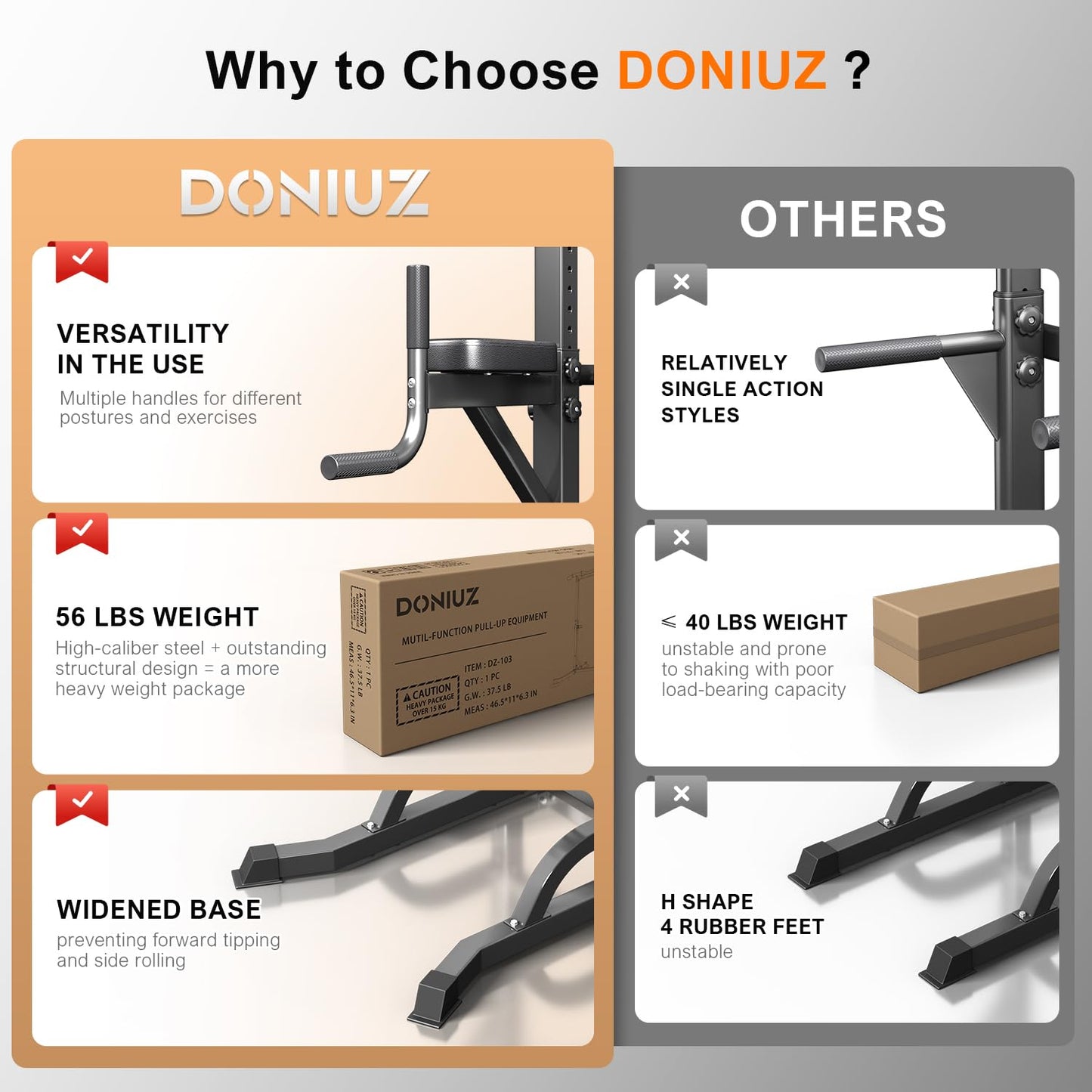 DONIUZ Power Tower Pull Up Bar and Dip Station, Multi-Function Home Gym, Strength Training Fitness Equipment, Height Adjustable(DZ-580A)