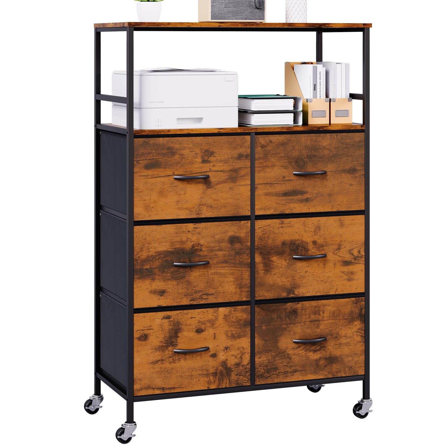 DreamDashio 6 Drawer Fabric File Cabinet with Printer Stand & Dual Shelves, 2-Tier Printer Storage with Letter/A4/Legal File Drawers, Adjustable Hanging Rails, Lockable Casters/Leveling Feet