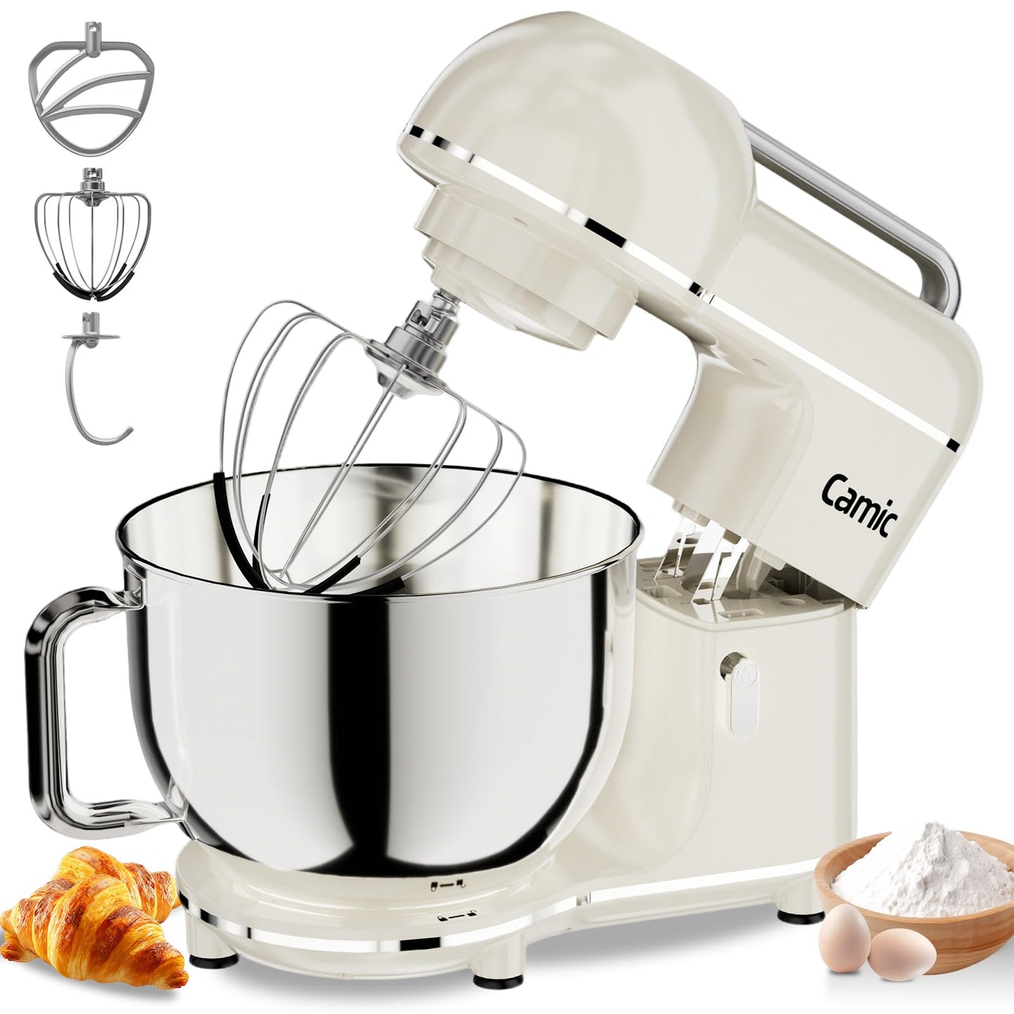 Camic Electric Stand Mixer,7.45 QT,10 Speeds with Dough Hook,Whisk, Flat Beater Attachments, Splash Guard, Easy-Carry Top Handle,3-IN-1 Kitchen Mixer for Baking Cakes Cookie Bread Salad (White)