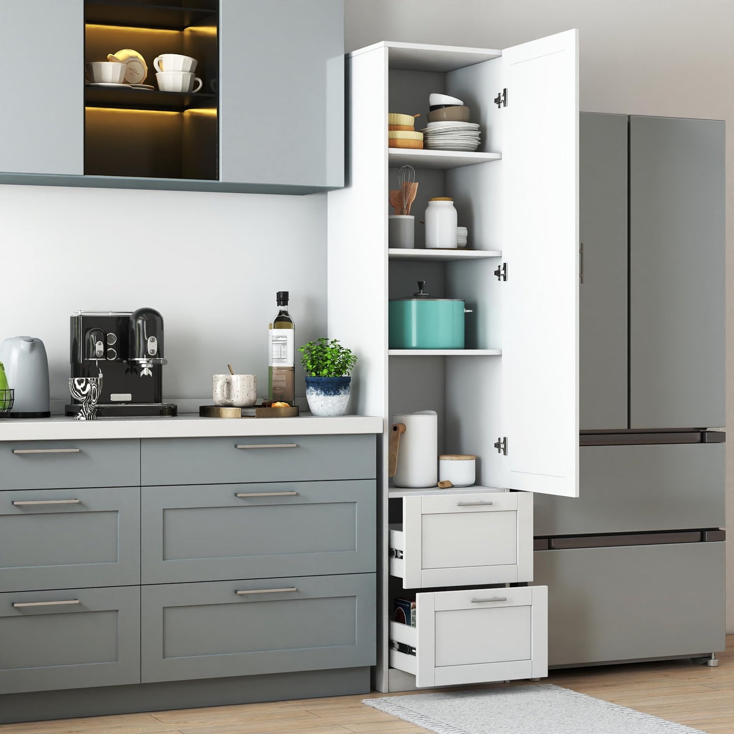 roomfitters Kitchen Pantry Storage Cabinet with 2 Drawers Tall Wooden Narrow Food Cupboard Bathroom Linen Tower, White