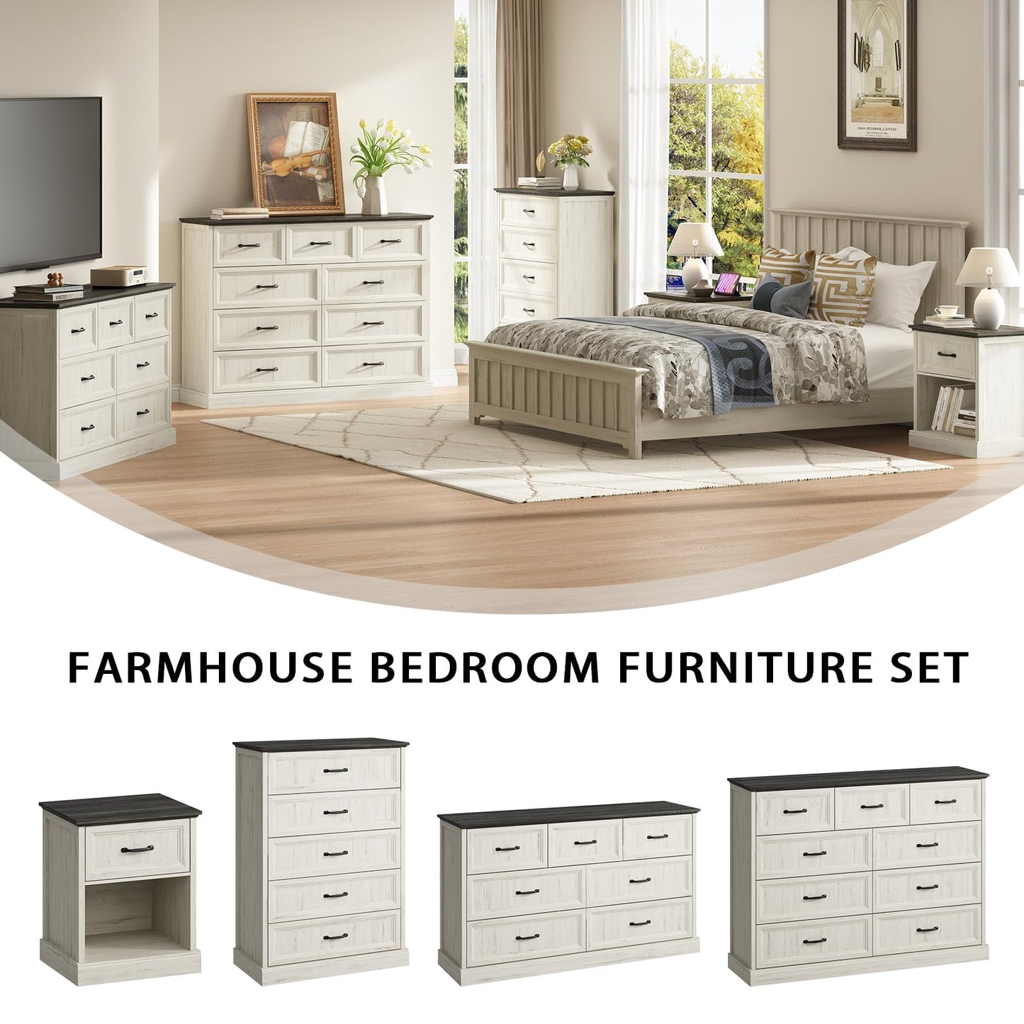 CARPETNAL Farmhouse Dresser and Nightstand Sets for Bedroom, 3 Pcs Bedroom Set, 7 Drawer Dresser & Nightstand Set of 2, Modern Wood Chest of Drawers for Bedroom, Living Room, Entryway, White