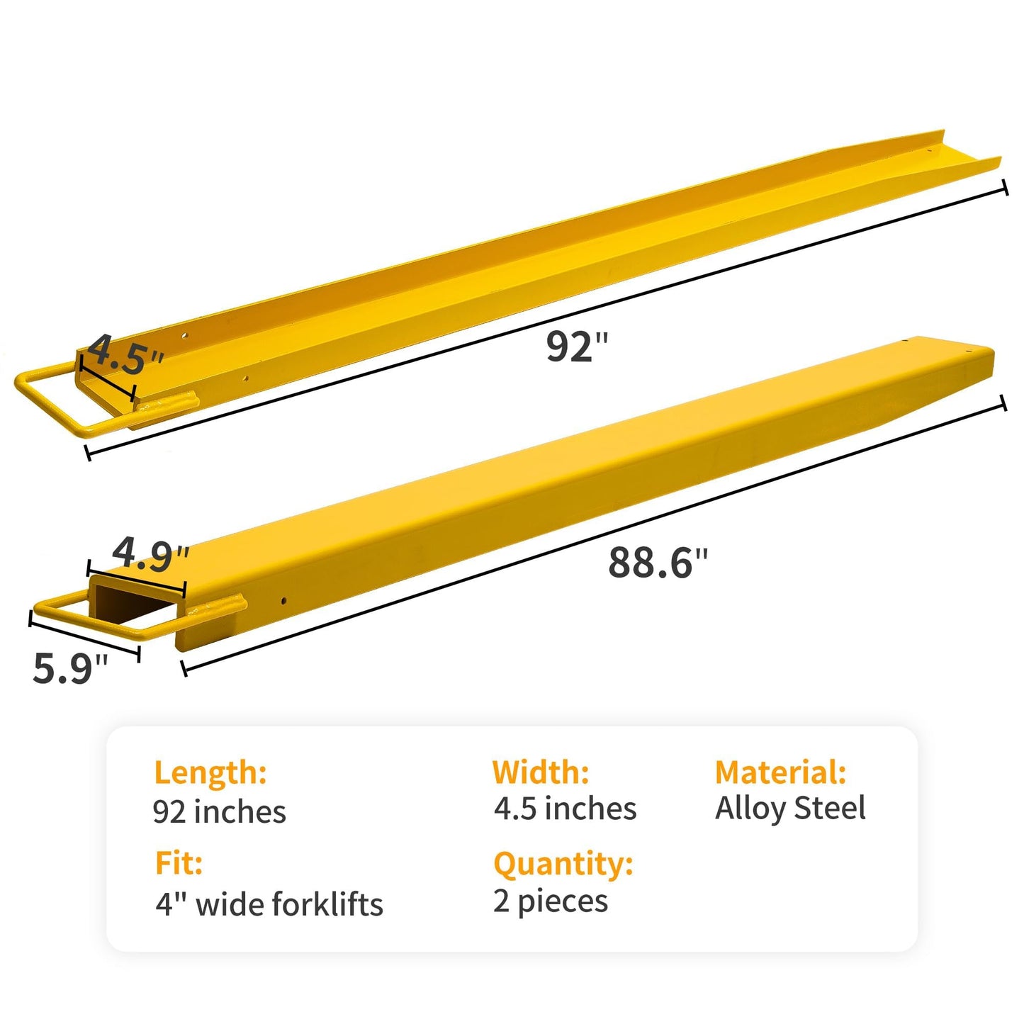 YINTATECH Forklift Extensions 4.5in Width, Heavy Duty 92 Inch Pallet Fork Extension for Forklift Truck, 1 Pair Forklift Extensions Fits for 4" Wide Fork