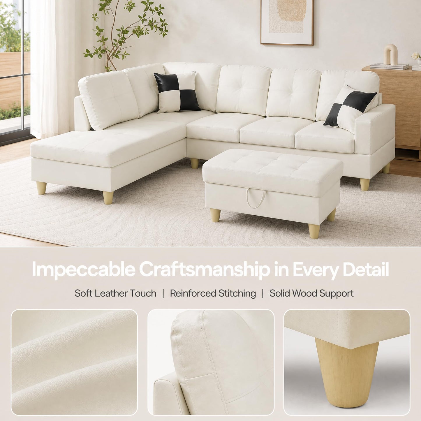NicBex Sectional Couches for Living Room 2-Piece Modern Sectional Sofa with Left Chaise Classic L-Shape Sectional Couch Leather Upholstered Sofa Couches for Living Room, Office, Bright White