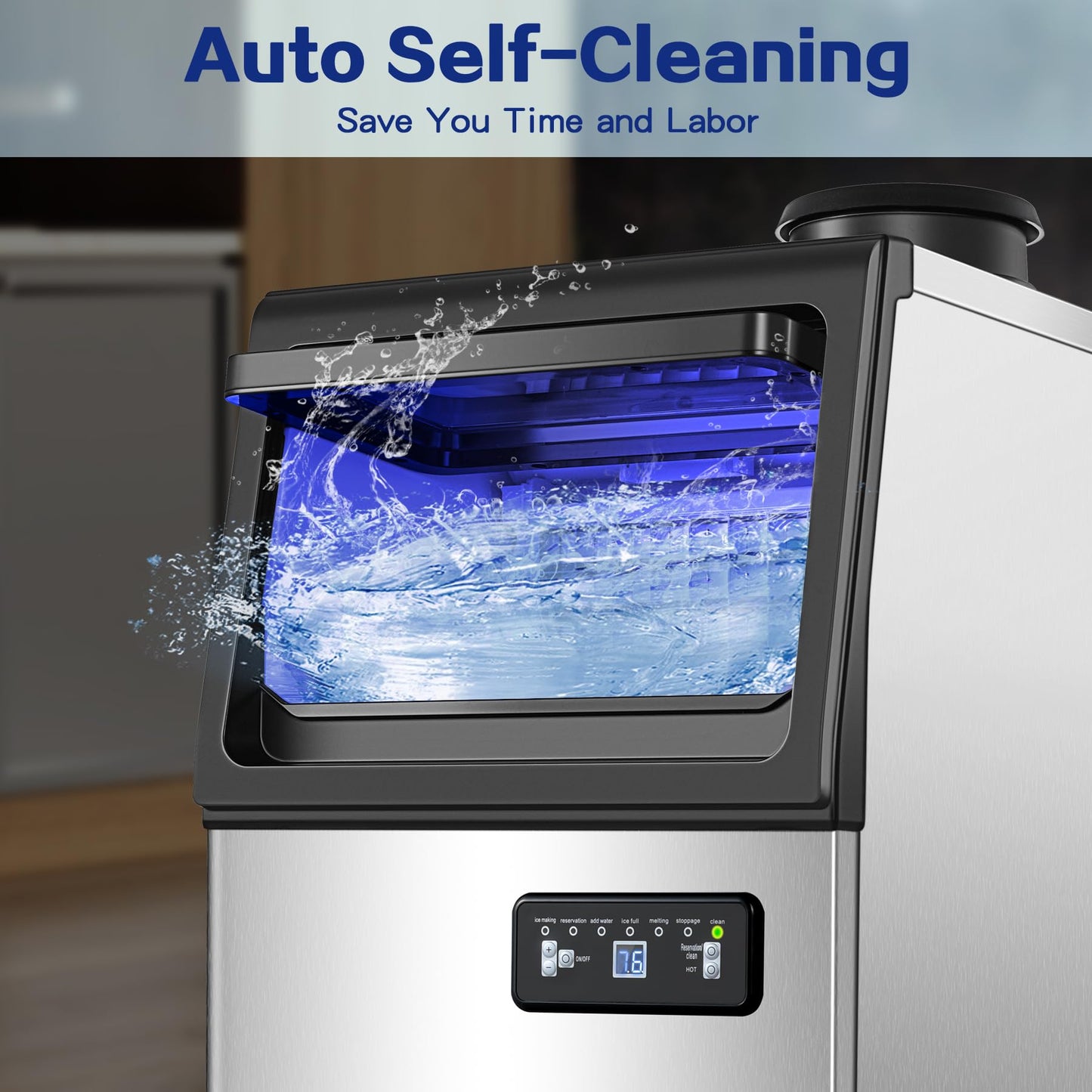 Amzgachfktch Commercial Ice Maker, 110lbs/24H Under Counter Ice Maker with 2 Water Inlet, Ice Maker Machine with 22lbs Storage, Auto Self-Cleaning, Freestanding Ice Machine for Home Office Bar