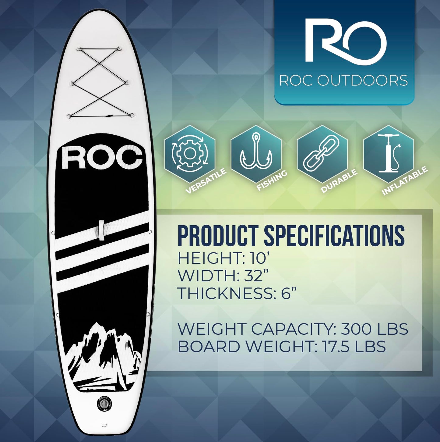 Roc Inflatable Stand Up Paddle Board with Premium SUP Paddle Board Accessories, Wide Stable Design, Non-Slip Comfort Deck for Youth & Adults (Black)