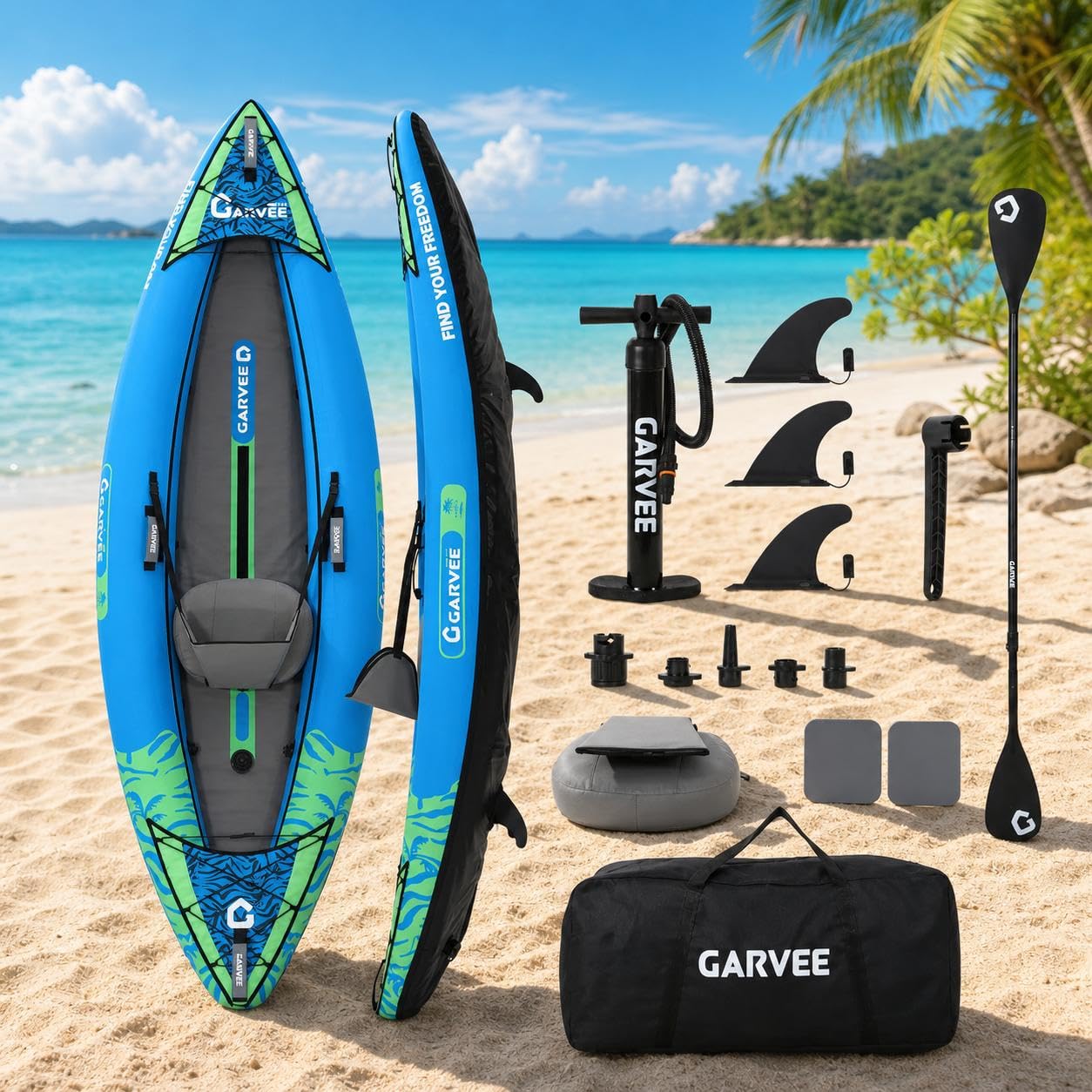 Inflatable Kayak, Heavy-Duty PVC Single Tandem Kayak with Adjustable Seats & Backrest, Aluminum Paddles, High-Output Pump, Portable Fishing Kayak for Lake River Ocean, Kayak for Family