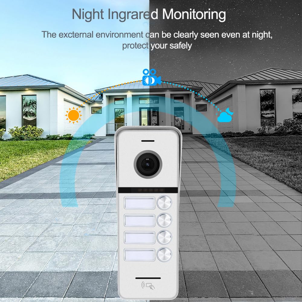 Wired Apartment Video Doorbell Intercom System,4 Units 10 Inch Touch WiFi Monitor,Wireless Video Door Phone Kit,Indoor Outdoor Support Monitoring,Unlocking,Two Way Intercom Tuya for Home Vally