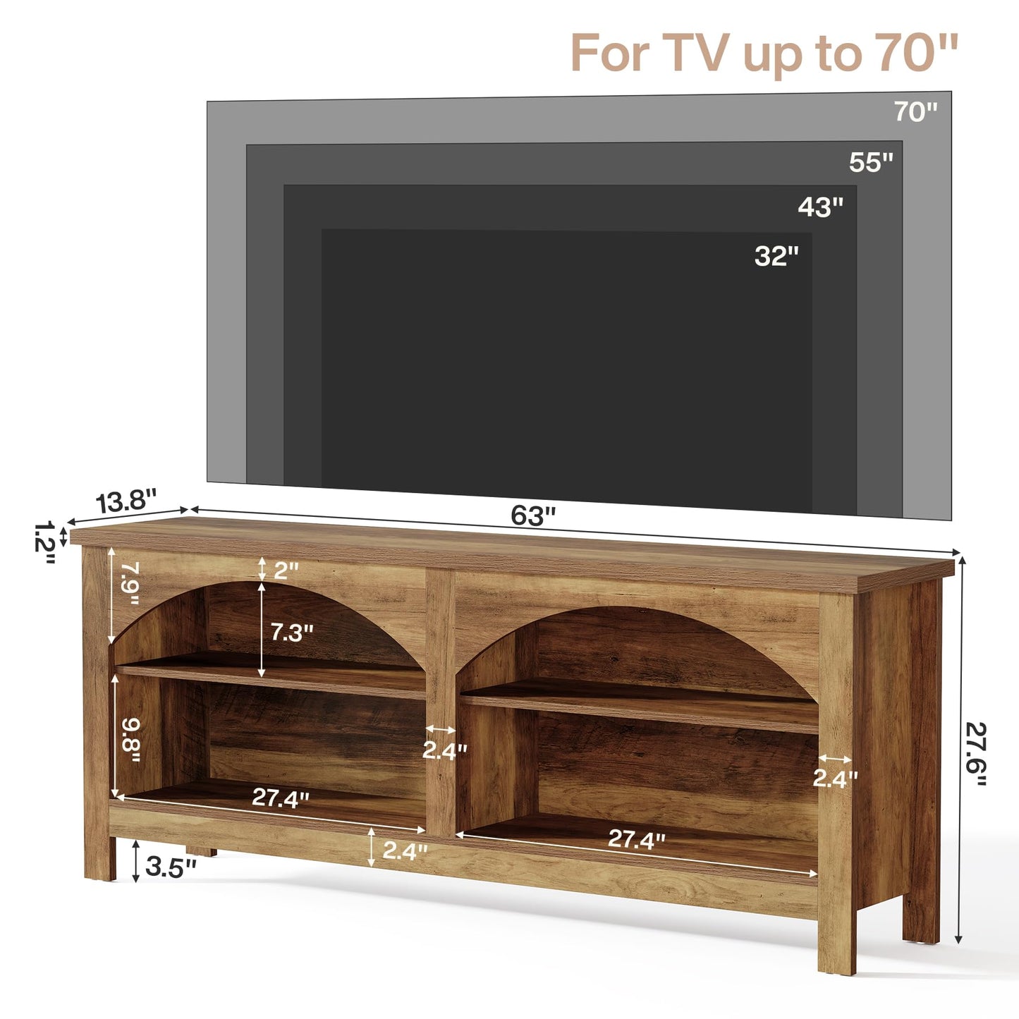 Tribesigns 63 Inch TV Stand for TVs Up to 70", Farmhouse Entertainment Center with Adjustable Shelves, Cable Management Holes & Arched Open Storage, Wooden Media Console Cabinet, Rustic Brown