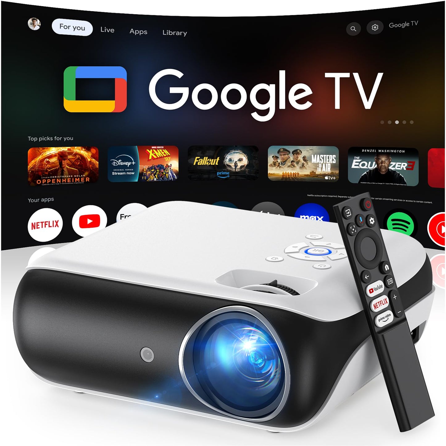 HAPPRUN Native 1080P Projector, Bluetooth Home Theater Movie Projector with Built-in Speaker, Compatible with Smartphone, HDMI, Fire Stick, PS5, Indoor & Outdoor Use -With Google TV System