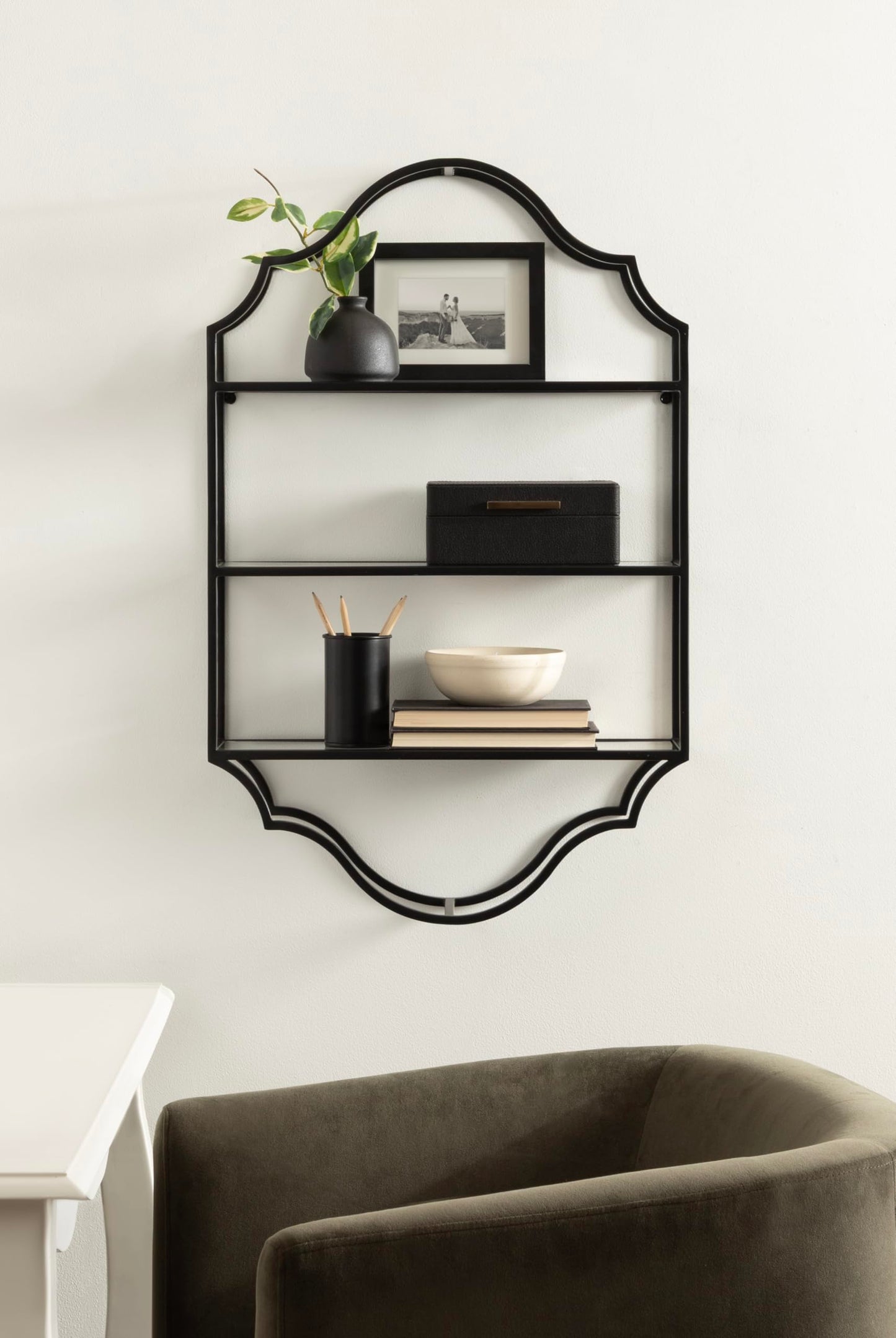 Kate and Laurel Leanna Glam Scalloped Three-Tiered Wall Shelf, 20 x 6 x 32, Black, Decorative Floating Shelf Storage and Wall Organizer for Bathroom Over Toilet Storage or Display