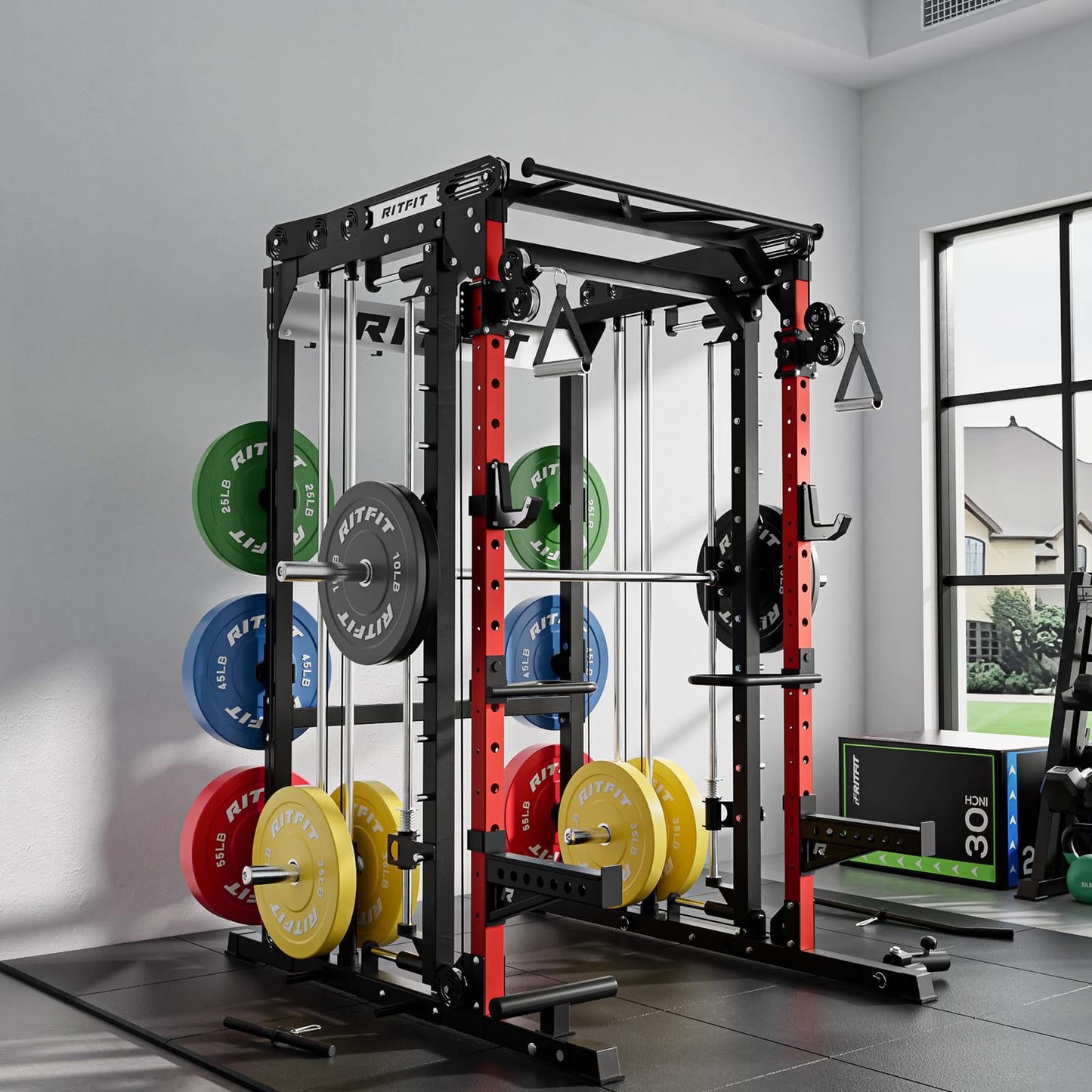 RitFit M2 Smith Machine with Cable Crossover System, 3D Functional Trainer & Power Cage, 16 Adjustment Holes, 6 Storage Pegs for Full-Body Home Gym(M2-3D Red)