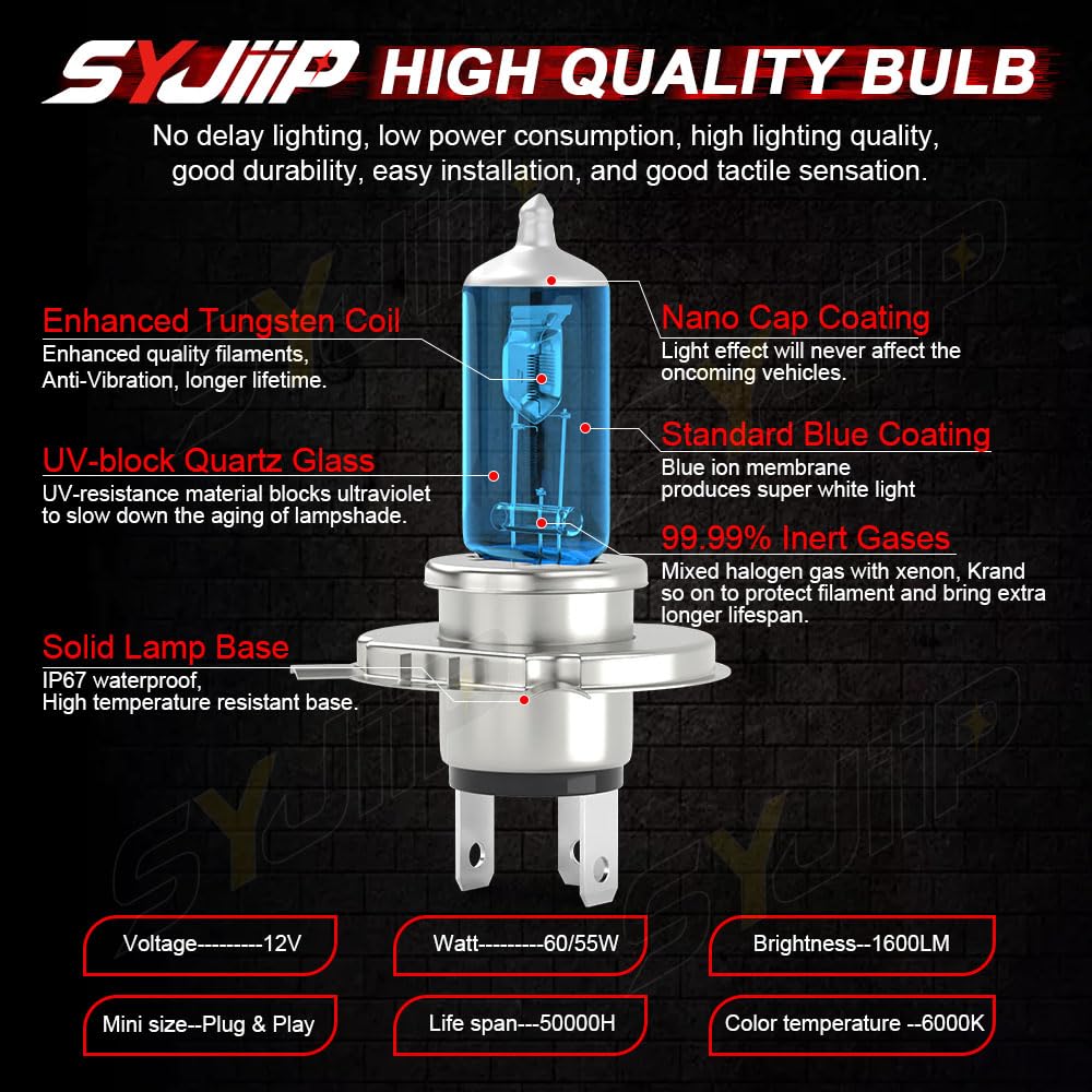 SYJIIP Halogen Headlight Bulbs 9003/H4 + 9006 Fog Light 6000K White, 300% Brightness, Pack of 4, Compatible with Toyota Se
