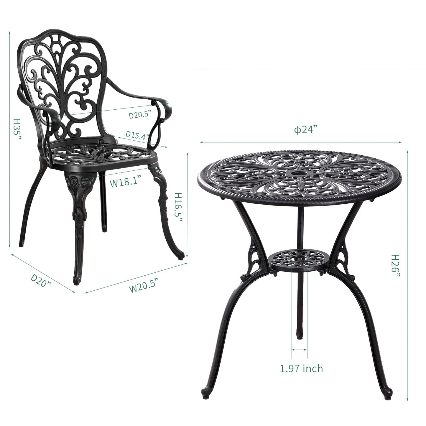 Withniture Bistro Set 3 Piece Outdoor, Bistro Table and Chairs Set of 2, All Weather Patio Bistro Set with Umbrella Hole, Patio Set for Garden, Black