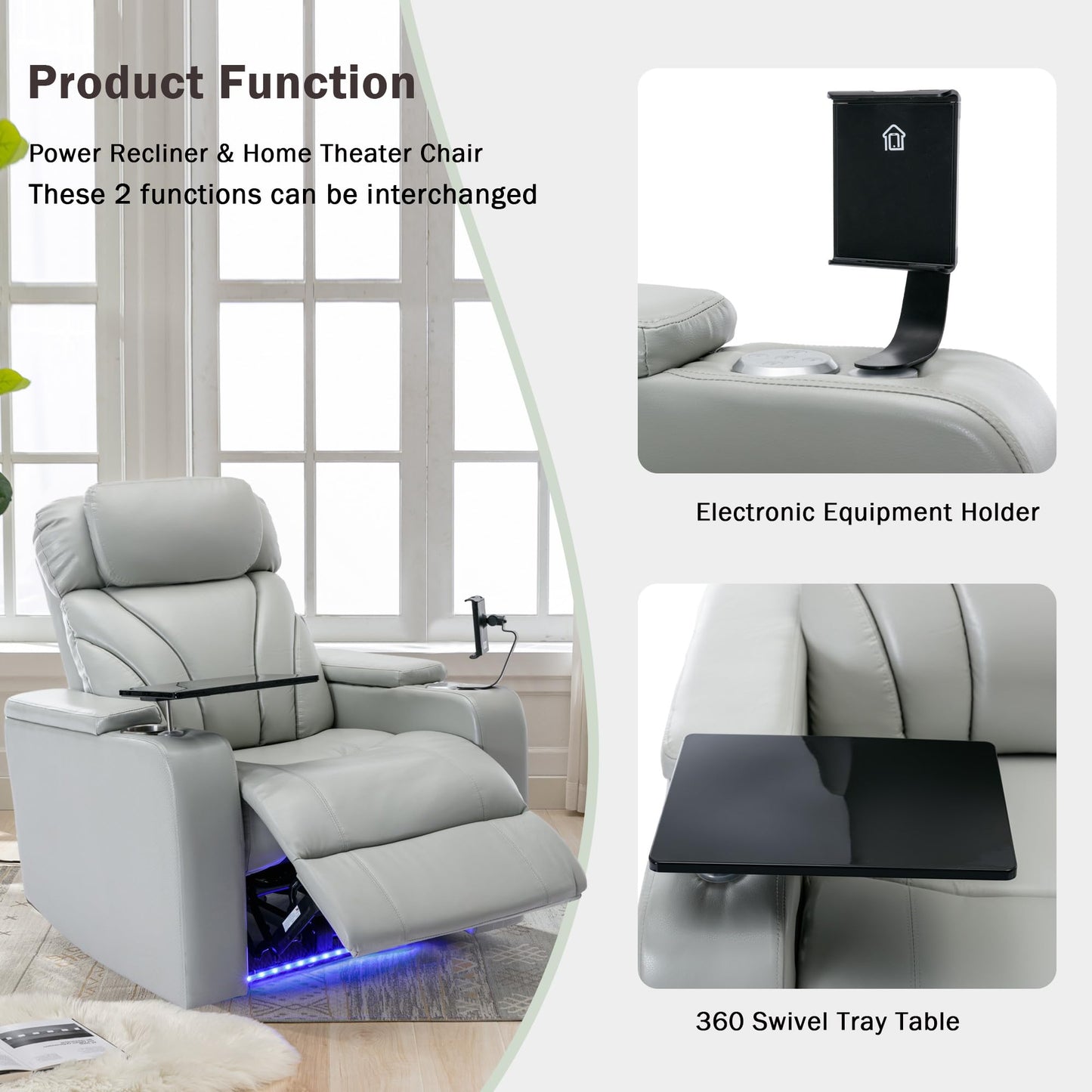 ERYE 34.5-Inch Multifunctional Power Reclining Chair Electric Recliner Armchair for Home Theater Office W/USB Ports, Storage Armrest, Cupholders, LED Light Strip & Rotating Table