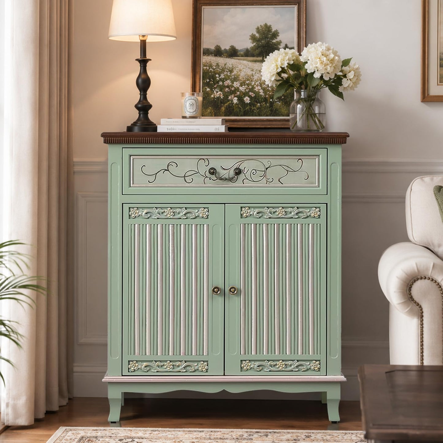 Ahokua Sage Green Accent Cabinet with Drawer and Textured Doors, Farmhouse Storage Cabinet with Adjustable Shelf, French Country Entryway Cabinet for Living Room, Hallway and Dining Room