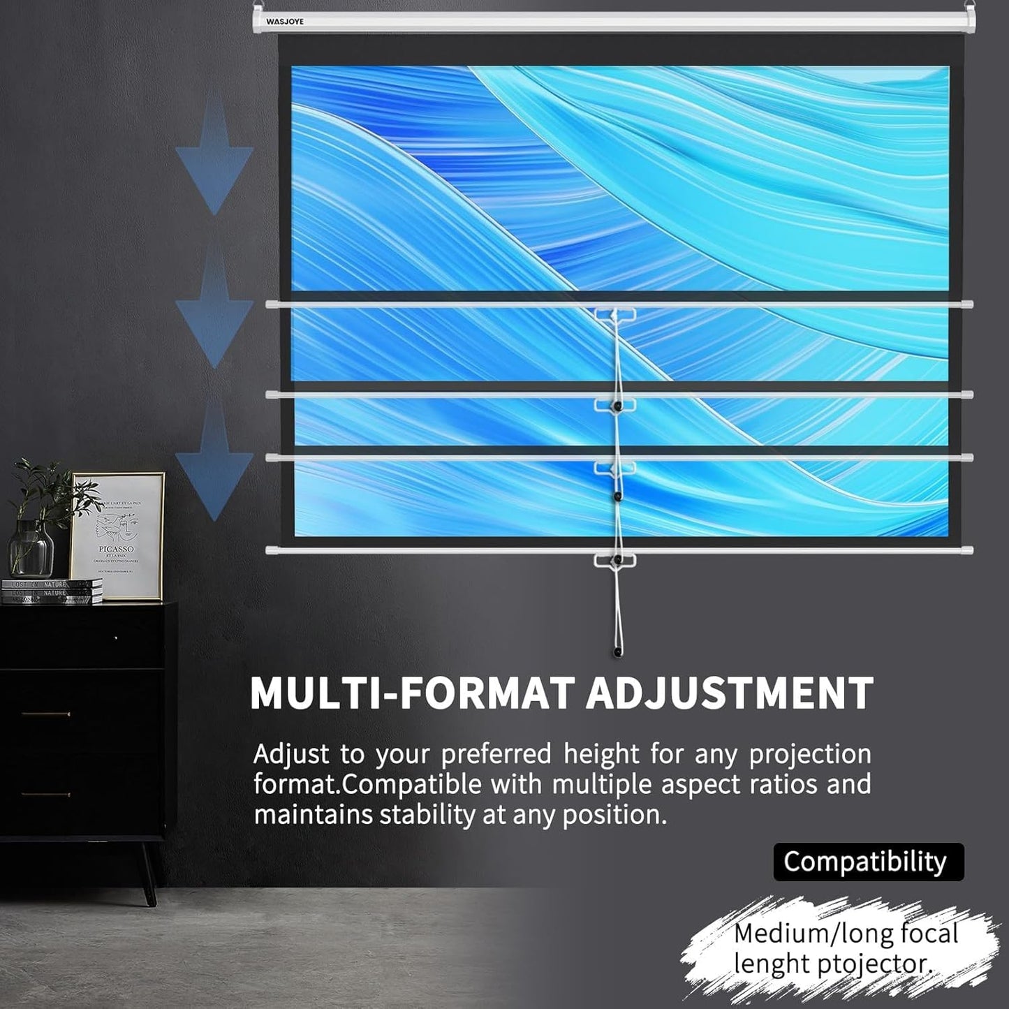 150'' Projector Screen Manual Pull Down - 16:9 HD Retractable Projection Screen with Auto Locking - 4K Projector Screen Anti-Crease for Home Theater Cinema Office Education Presentation