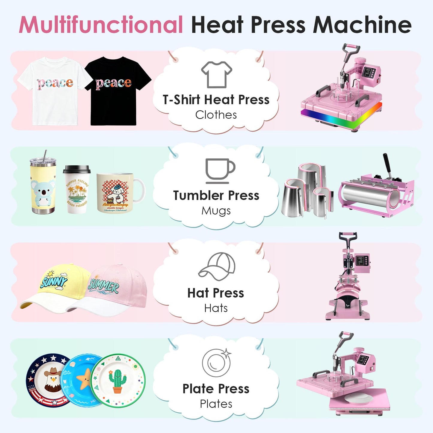 Seeutek 8 in 1 Heat Press Machine 15x15 Inch, Swing Away Digital Sublimation Heat Transfer Press with 20oz & 30oz Tumbler Attachments for T-Shirts, Mugs, Hats & Plates, Pink